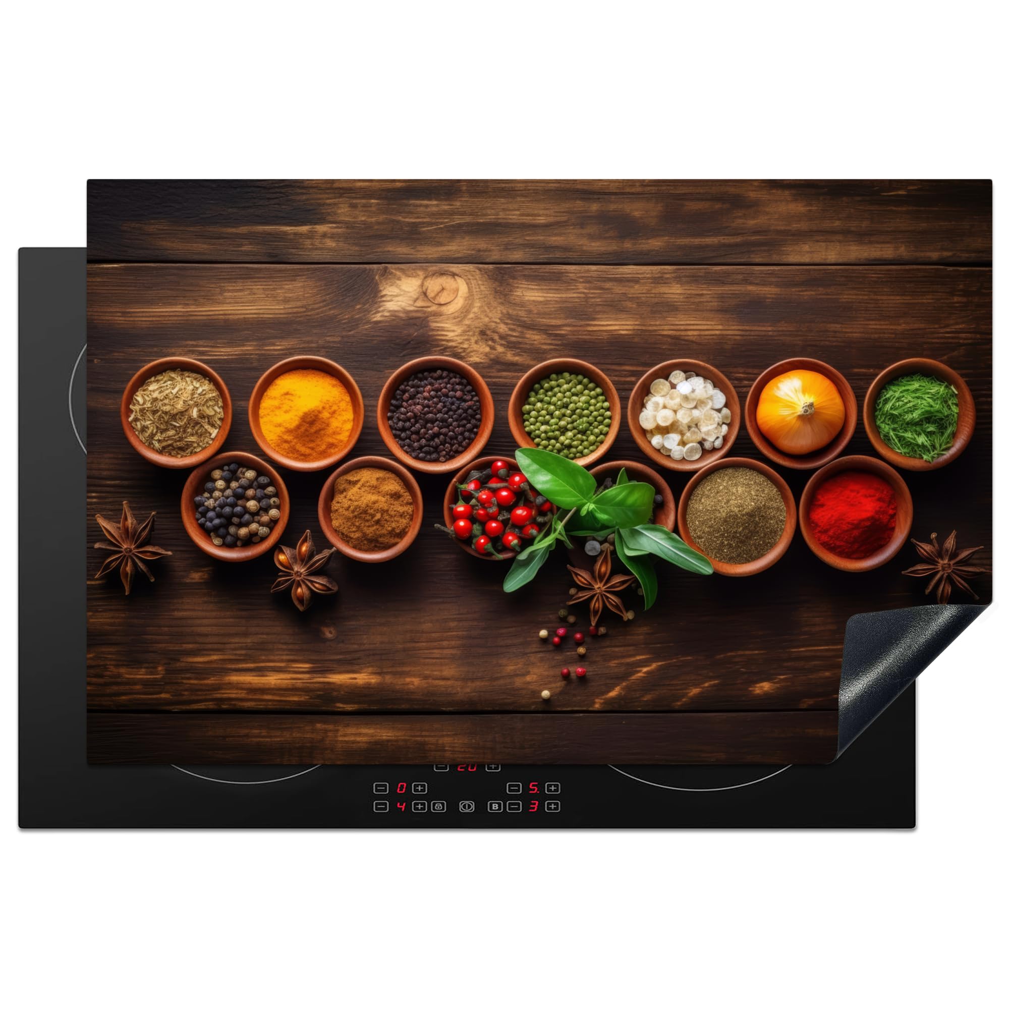 KitchenYeah© Induction Hob Cover Protector Mat 20.8"x32.1" / 81.6x52.7 cm Kitchen Universal Ceramic Covers for Electric Cookers Vinyl Herbs - Spices - Mint - Wood Print
