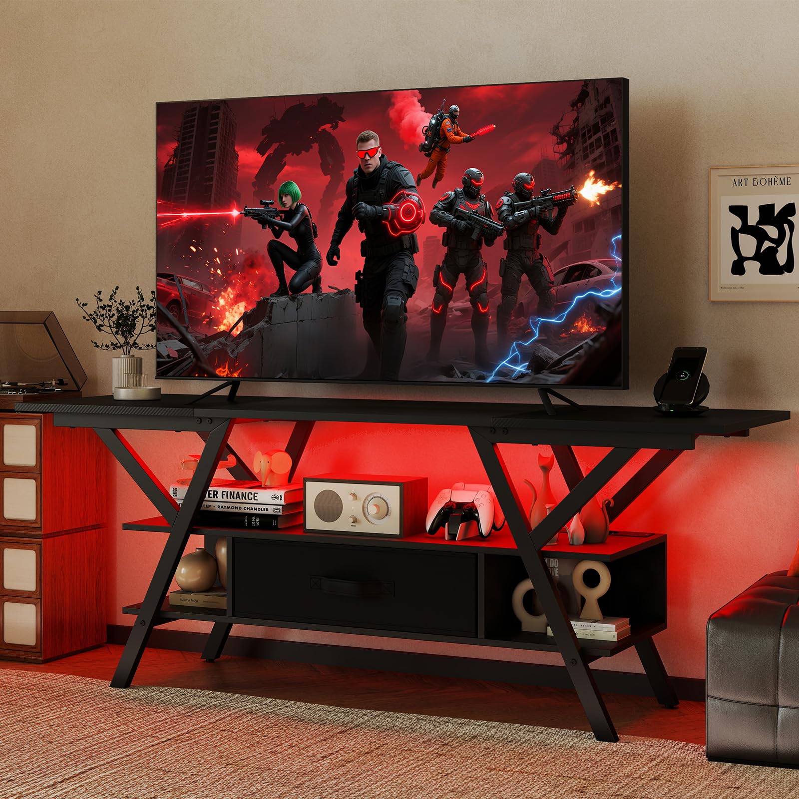 COSTWAY Stojak pod telewizor z diodami LED i gniazdem USB + gniazda typu C, szafka pod telewizor 65", 3-poziomowe centrum rozrywki, stolik konsolowy z półkami i szufladą z materiału (czarny)