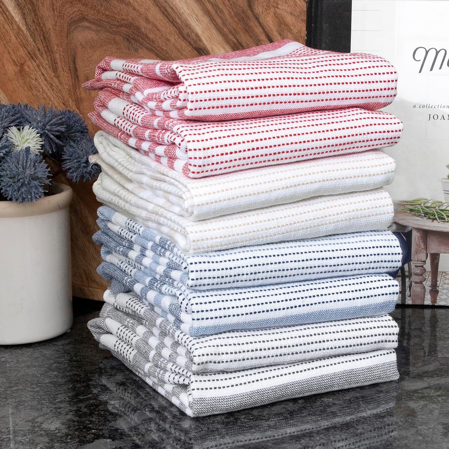T-Fal Premium Dual-Sided Skipping Striped Kitchen Towels (2-Pack), 18" x 28", Highly Absorbent, Long-Lasting, Reversable 100% Flat-Weave Cotton Dish Towels, Hand Towels, Bar Towels, Toast image 5