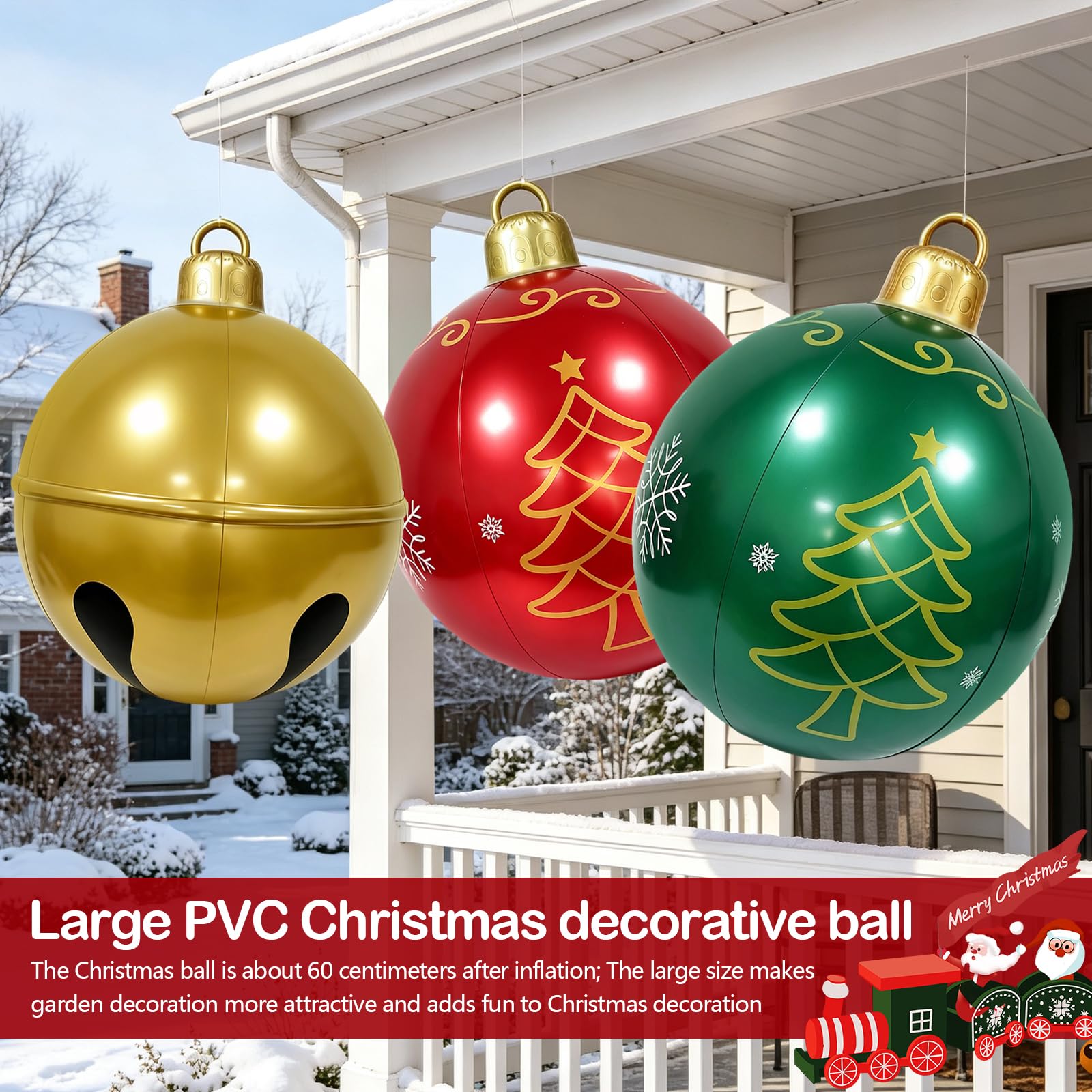 Boules de Noël Gonflables 60 cm, Lot de 3 Grandes Décorations | avec Pompe à Main et Rustines de Réparation, Boules de Noël Réutilisables pour Maison, Fête et Décoration de Noël