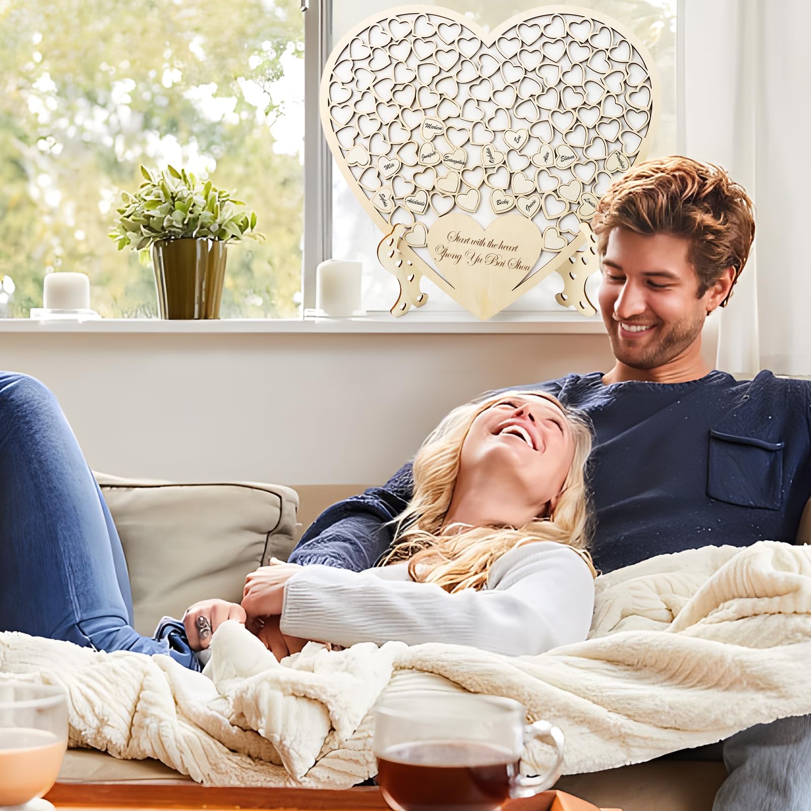 Libro degli ospiti per matrimonio, personalizzabile, in legno, a forma di cuore, alternativa con base, scatola e 100 biglietti di firma a forma di cuore in legno, decorazione per matrimonio