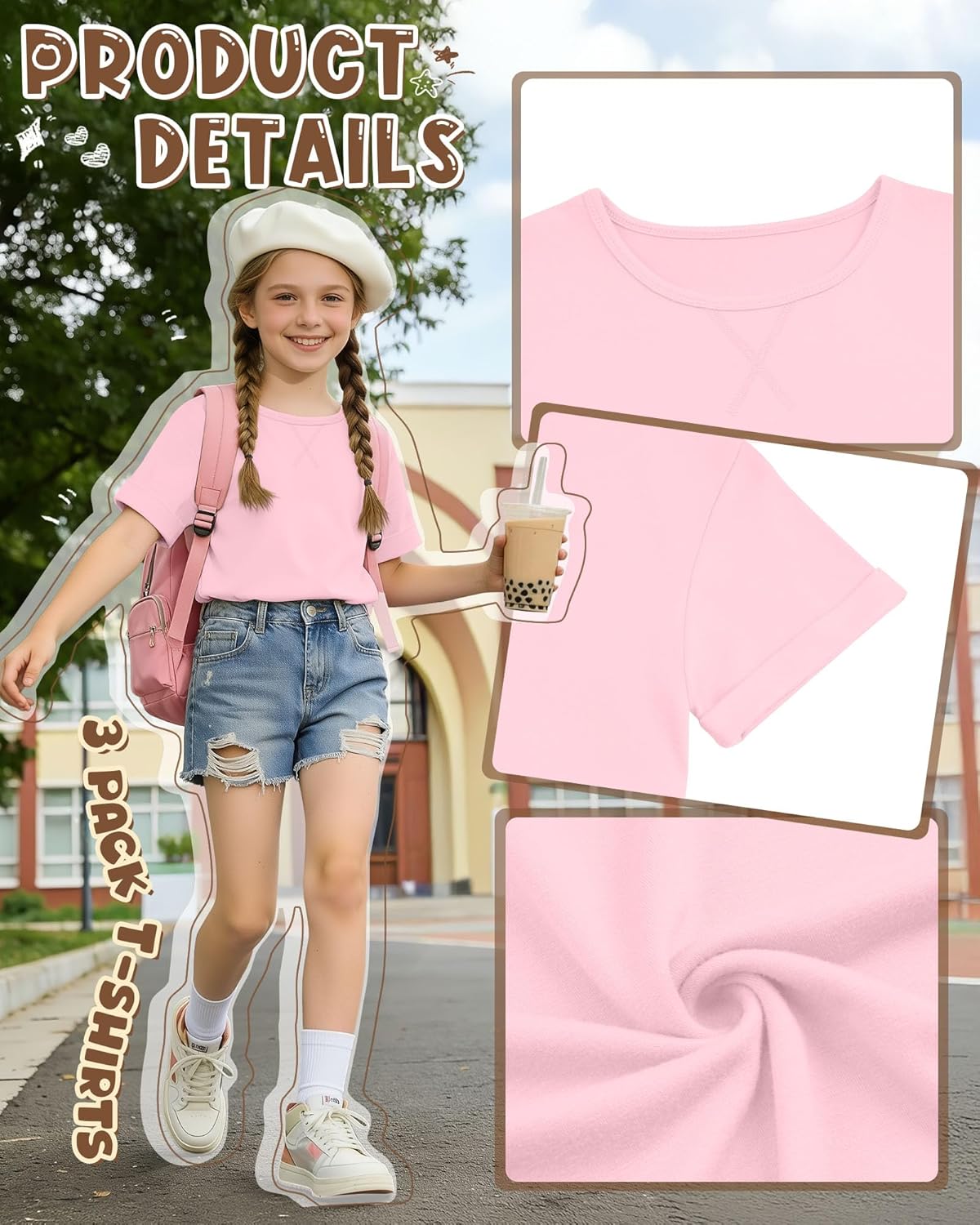 3 Pack Girls Short Sleeve T Shirts Kids Loose Fit Crew Neck Tops Rolled Cuff Summer Basic Casual Blouse