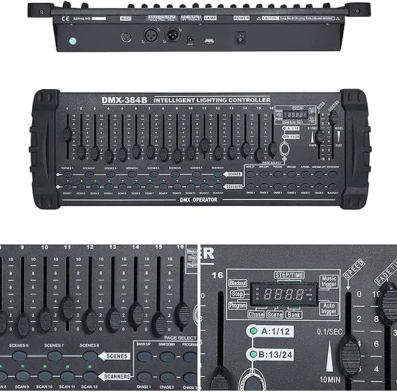 DMX 384 A/b Console, DMX-512 DJ Controller - Control of 24 Devices with 16 DMX Channels, Programmable, Built-in Amplifier, LED Digital Display, For Professional Dj,Stage Club,A