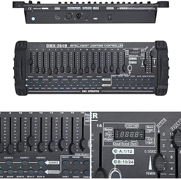 DMX 384 A/b Console, DMX-512 DJ Controller - Control of 24 Devices with 16 DMX Channels, Programmable, Built-in Amplifier, LED Digital Display, For Professional Dj,Stage Club,A