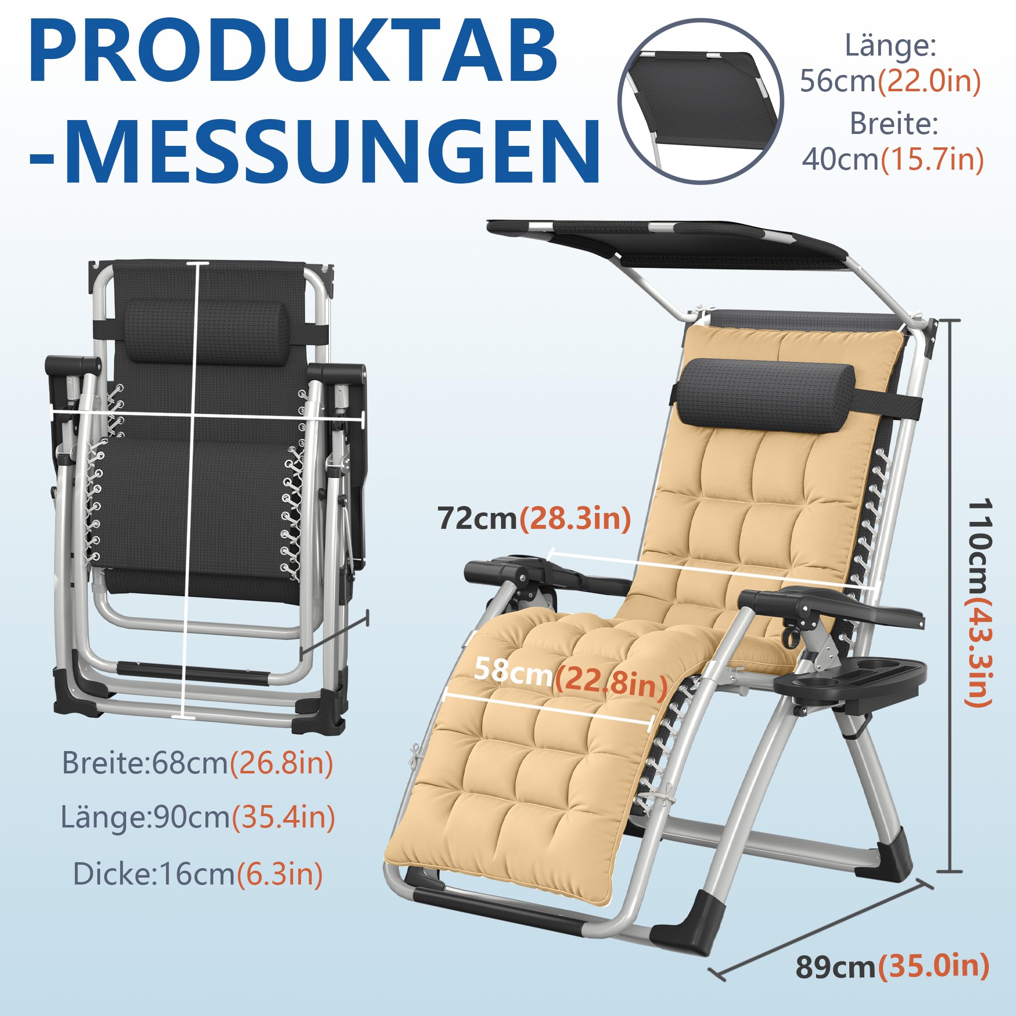 LZQ Sonnenliege klappbar mit Dach Gartenliege mit Kissen & Getränkehalter, ergonomischer Liegestuhl mit verstellbare Rückenlehne, Belastbar 160 kg, Outdoor Relaxliege für Garten Terrasse, Beige