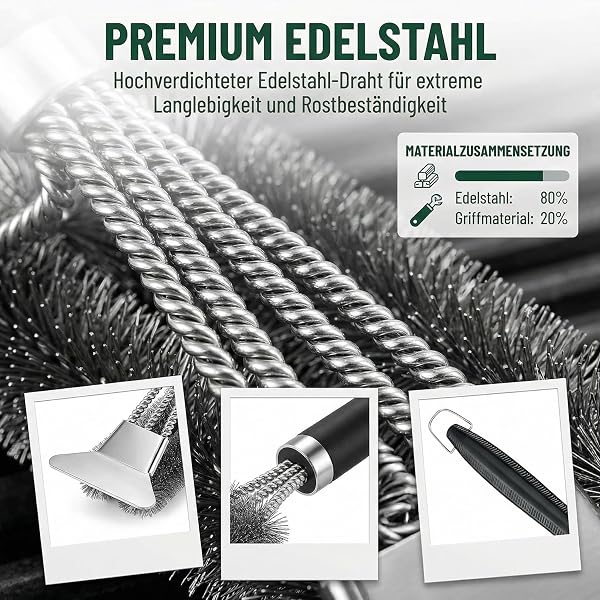 【Premium】 Grillbürste Edelstahl 3-in-1 mit Schaber, PP Wärmedämmung, 45,5cm Langer Reinigungsbürste Grillbürste mit Edelstahl Schaber & Dichter Borsten für Gasgrill, Holzkohlegrill und Grillrost - 3