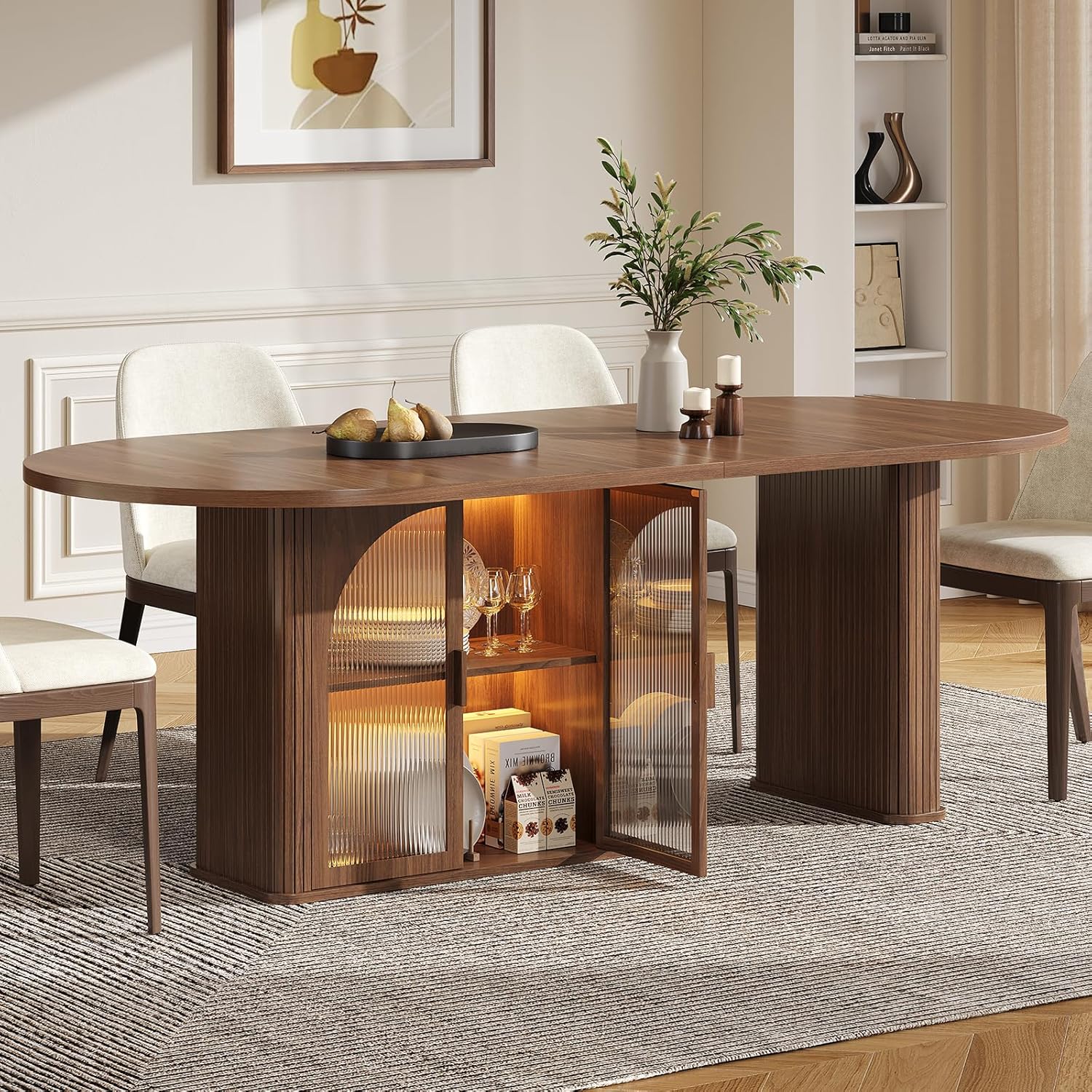 ONBRILL 70 Inch Oval Dining Table for 6-8, Modern Dining Room Table with 2-Tier Storage Space, Wood Kitchen Table with LED Light, Dinner Table with Heavy Duty Legs, Walnut