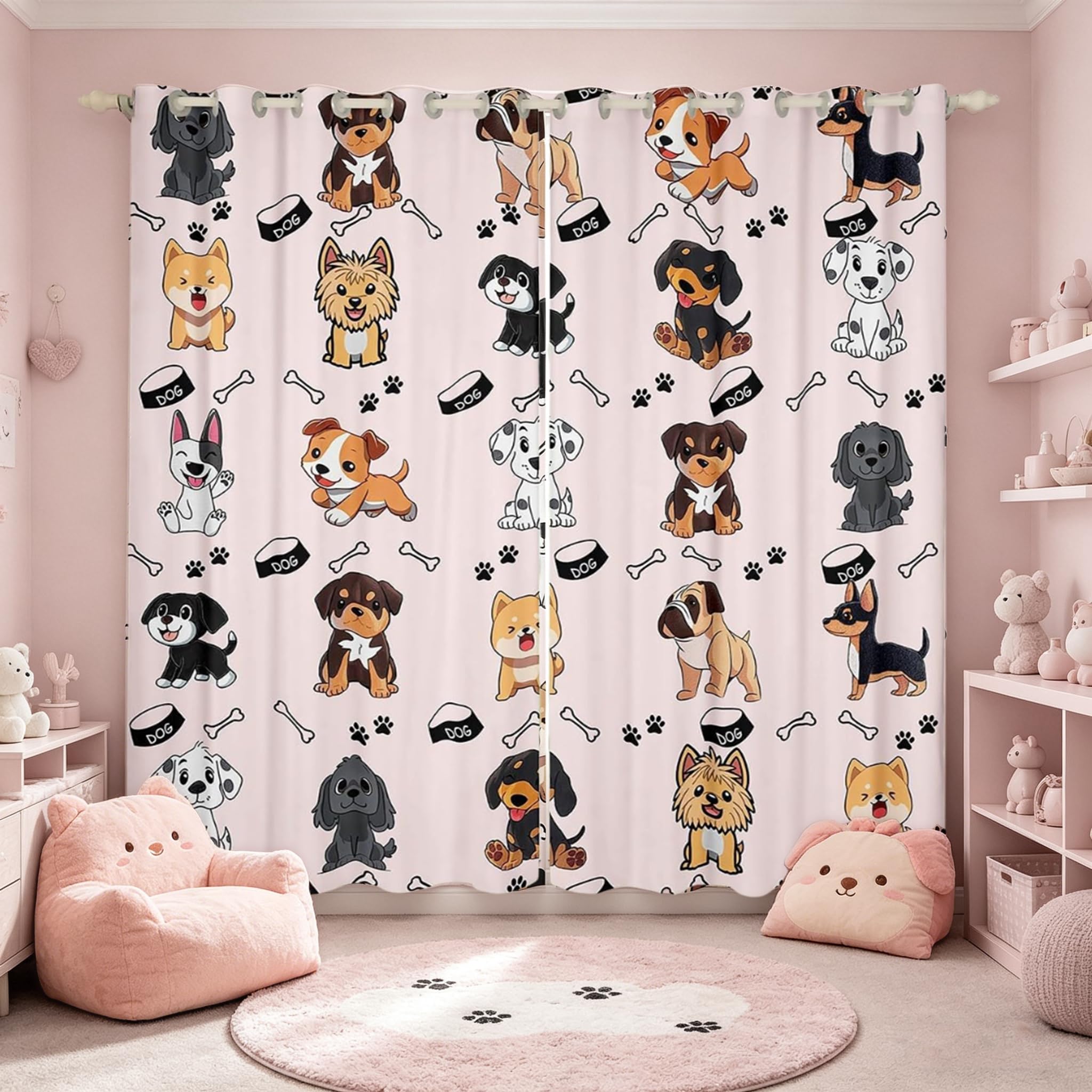 Homemissing Cartoon Dog Window Curtains W52*L90 Puppy Dog Opaque Blackout Darknening Curtains Cute Animal Print Kawaii Bone Window Treatment for Boys Girls Children โ image 1