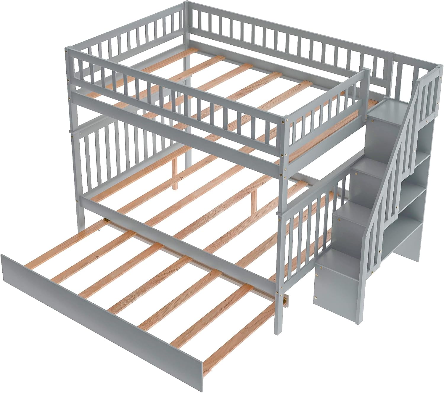 P PURLOVE Stackable Full Over Full Bunk Bed With Trundle, Wood Stairway Storage and Shelf for Kids Teens, Can Be Divided Into 3 Individual Beds, Gray Frame