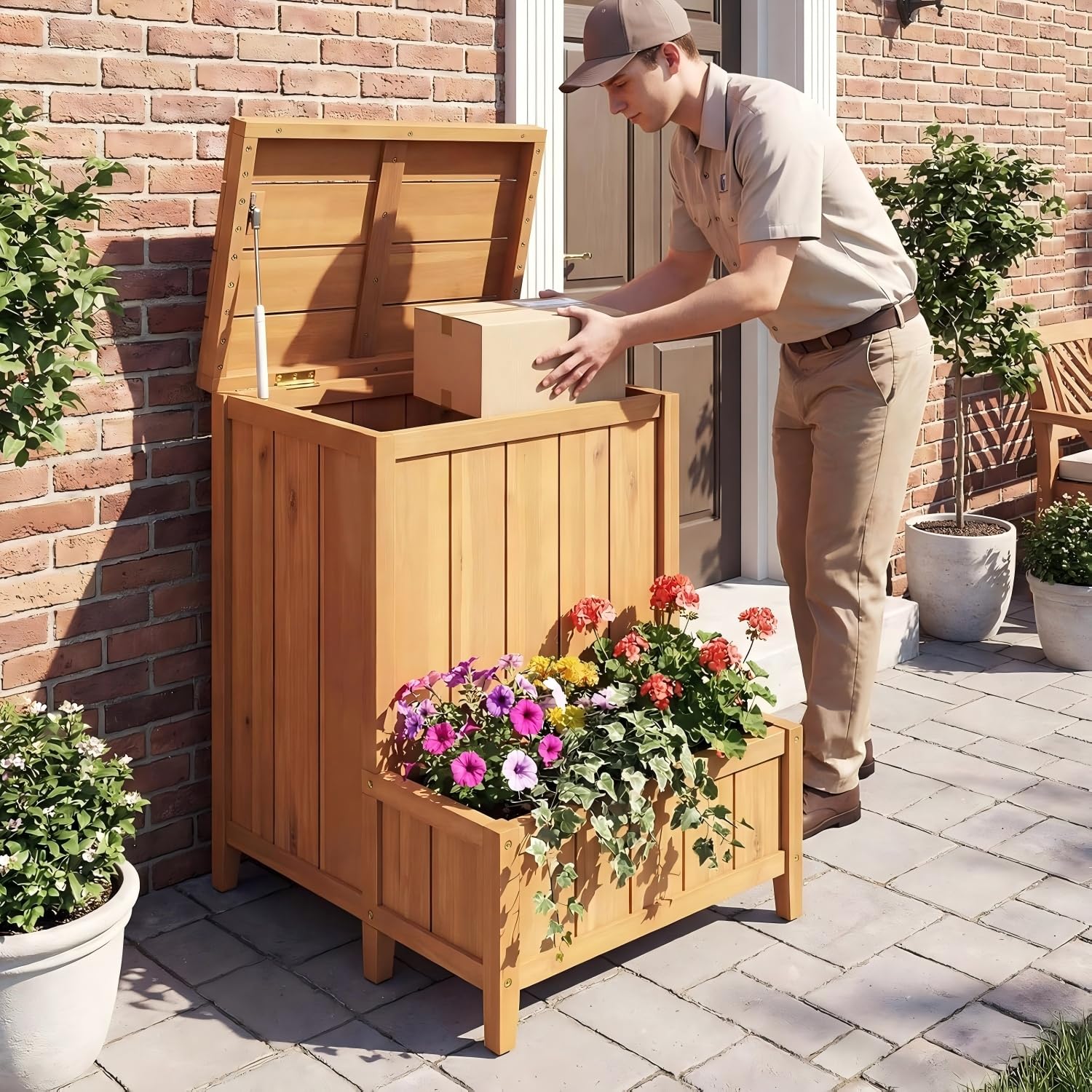 HOMASIS 2 en 1 Caja de Entrega de Paquetes con Jardinera | Baúl Almacenaje de Madera de Acacia con Tapa Abatible, Barra de Gas y Diseño de Listones, Arcón Exterior