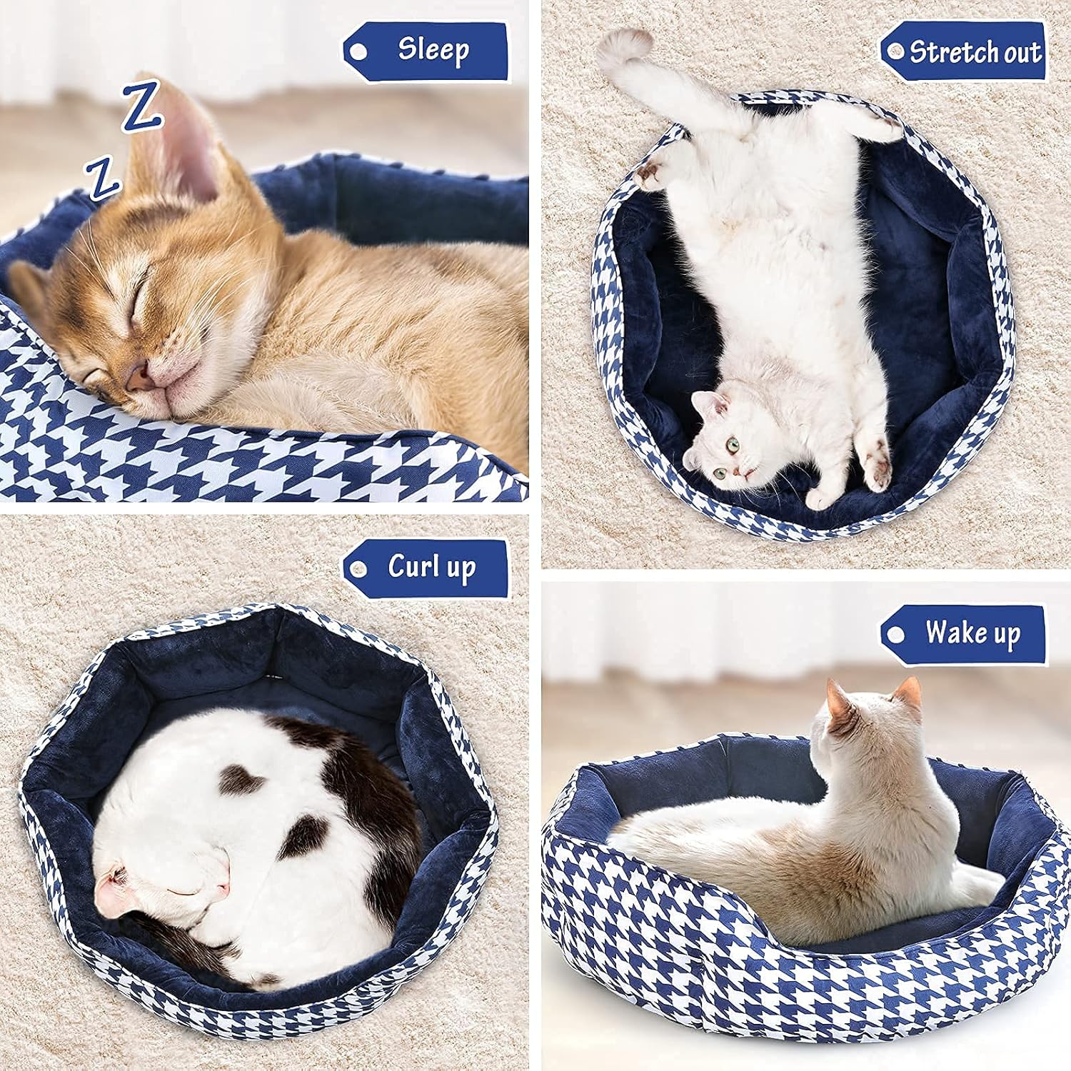 AOKCATS Cat Bed for Indoor Cats, 20 inches Round Double Sided Pet Bed for Small Dogs Kittens, Self Warming Super Soft Calming Small Dogs Flannel Sofa Bed Machine Washable, Non-Slip, Navy Blue, Small : Pet Supplies