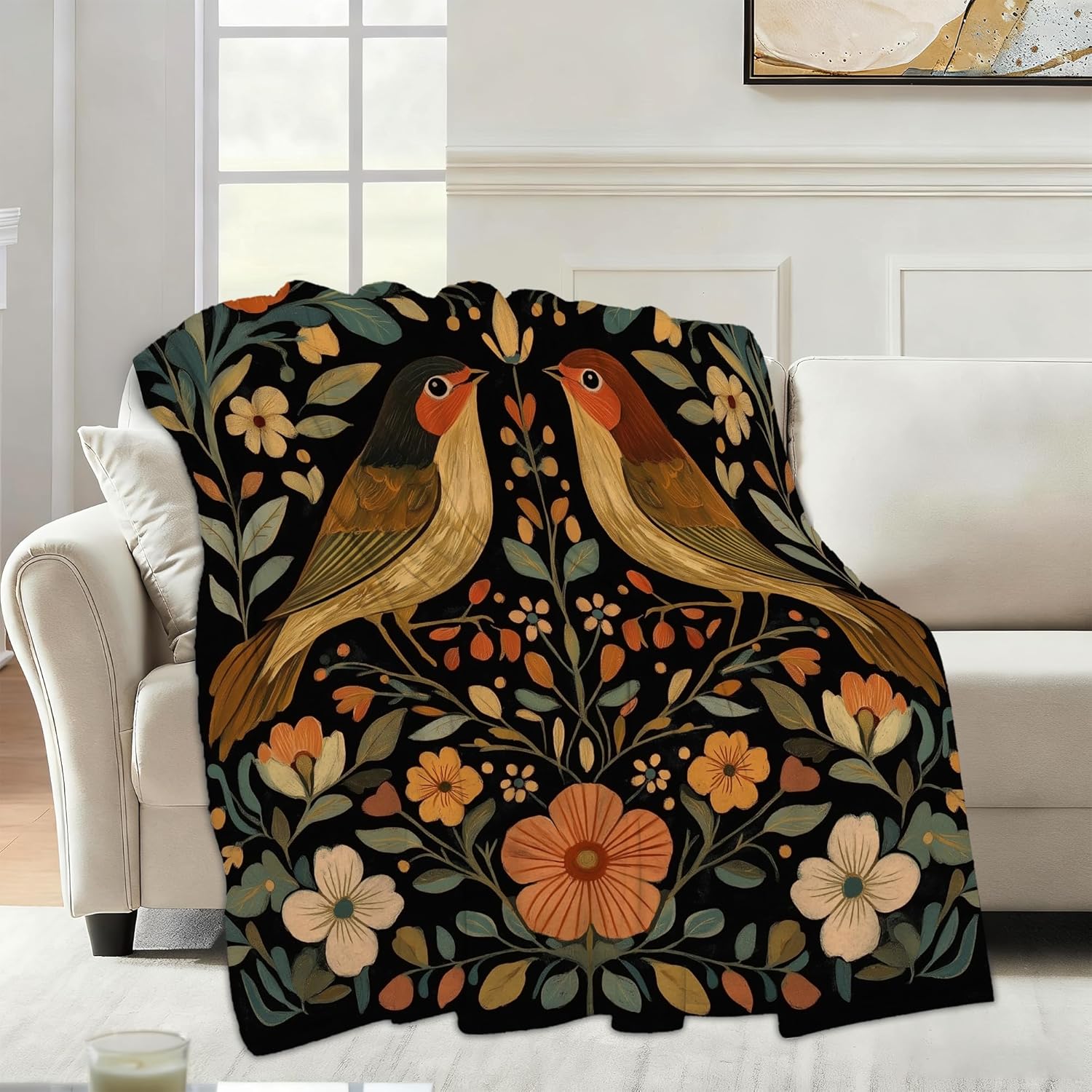 Vintage Birds Flowers Sofa Throw Blankets,Rustic Farmhouse Soft Cozy Fuzzy Lightweight Travel Blanket,Flannel Fleece Fall Throw Blanket for Couch,Bed,Camping,Movie Nights,Watching TV 50 X 60 Inch