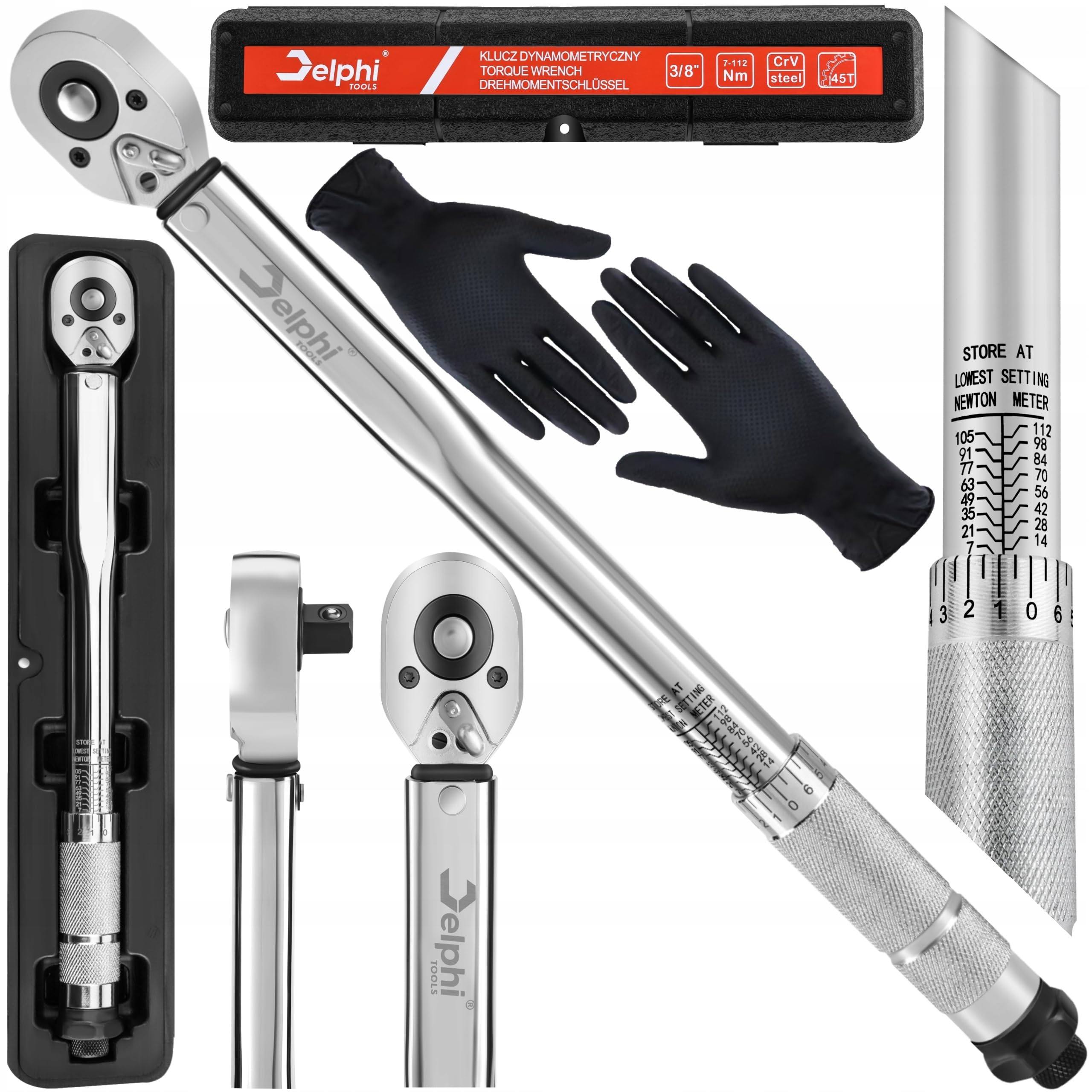 Delphi Llave dinamométrica de 3/8 pulgadas 7-112 Nm de CrMo con función de bloqueo y caja de almacenamiento para coche, moto, bicicleta, montaje de neumáticos
