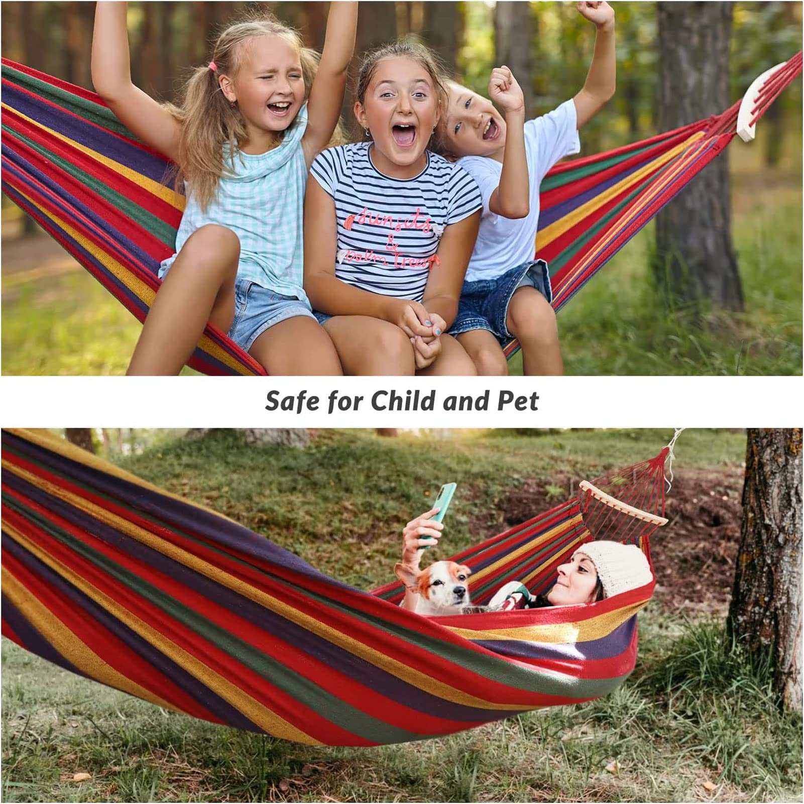 HUHJYUGE Hamac Suspendu, Hamac 2 Places, Hamac de Camping et Jardin Confortable avec Barre en Bois Anti-basculement et Corde pour Exterieur/Intérieure, Terrasse, la Sieste (A 260x150cm)