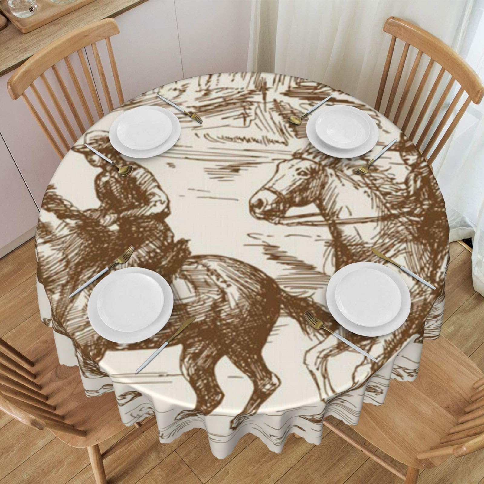 DCEHGEW 60 In Round Tablecloth with Lace, West Desert with Cowboys Riding Horses Printed Oilproof & Washable Fabric Picnic Table Cloth Table Covers