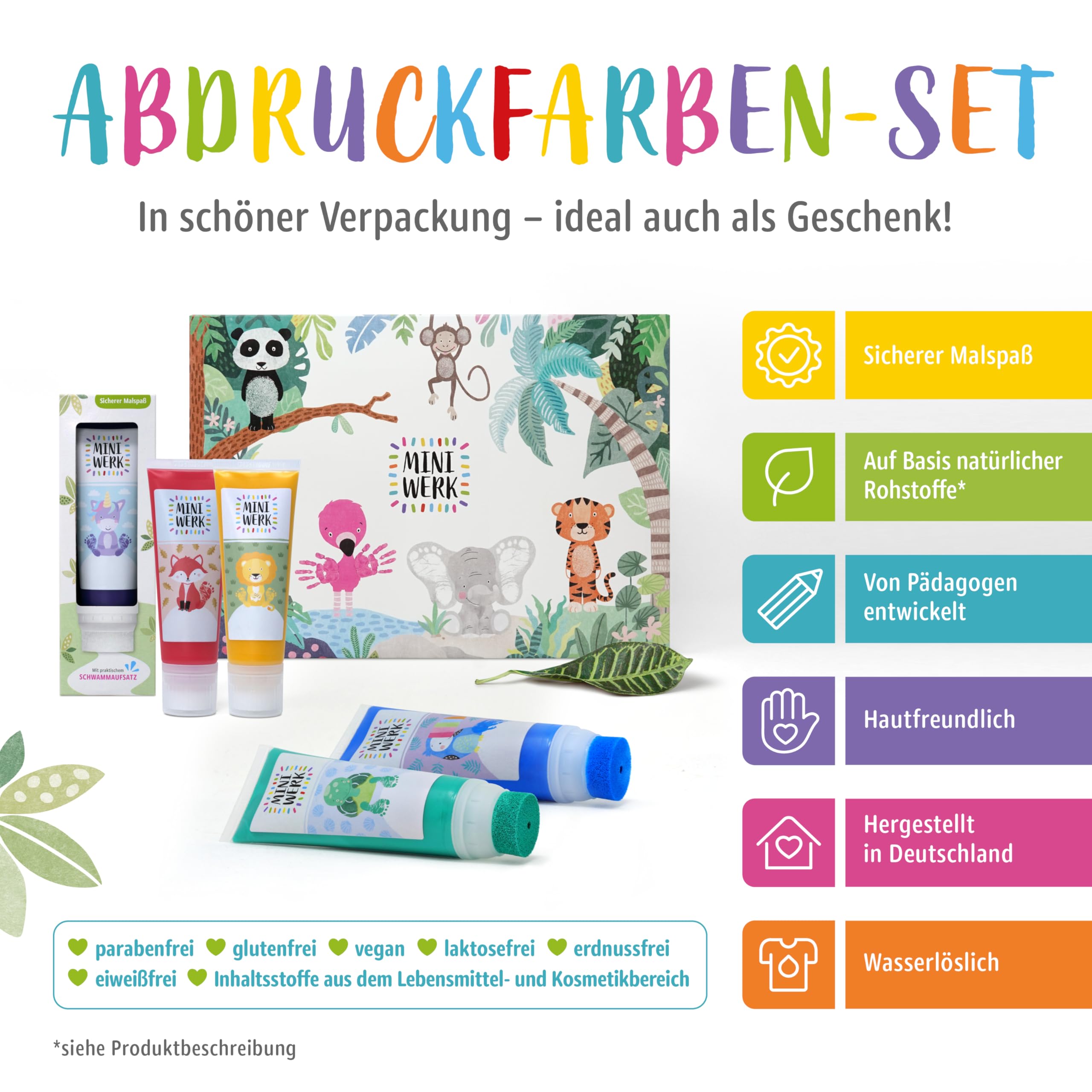 Miniwerk Abdruckfarbe 7er Set mit Schwammaufsatz - 7 Malfarben auf Basis natürlicher Rohstoffe, schadstofffrei wie Fingerfarbe - Baby Handabdruck Fußabdruck (Lila, Blau, Grün, Gelb, Orange, Rot, Rosa)