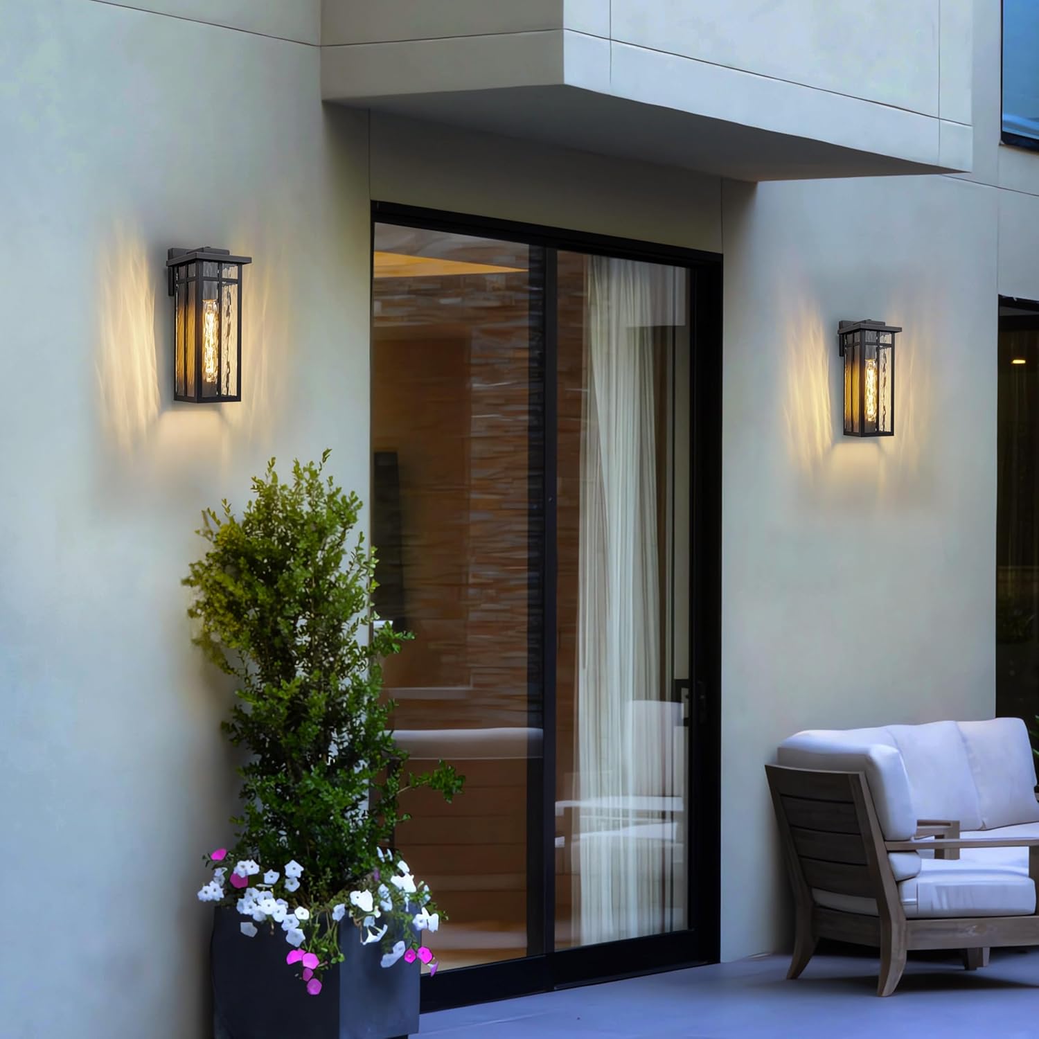 Outdoor Wall Light Fixtures, Weather Proof Exterior Wall Lanterns, Porch Sconces Lighting with E26 Sockets & Water Glass Shades, Modern Black Coach Lights for Patio Front Door Entryway Garage, 2 Pack