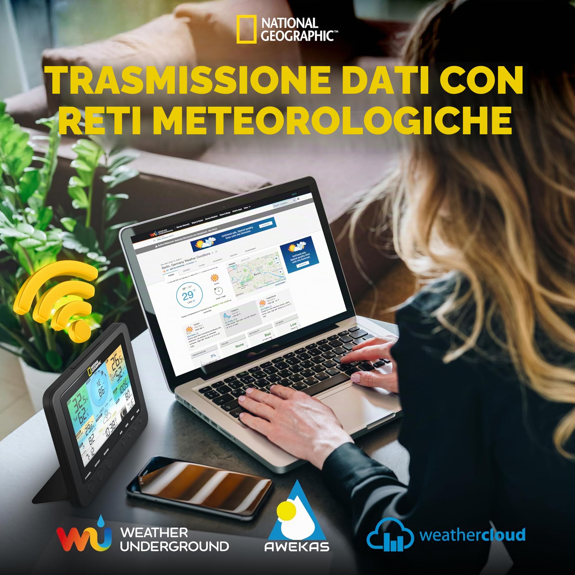 National Geographic Stazione meteo wireless con sensore da esterno WLAN, centralina meteo a colori con sensore 7 in 1 per vento, umidità, temperatura, precipitazioni, livello UV e intensità della luce