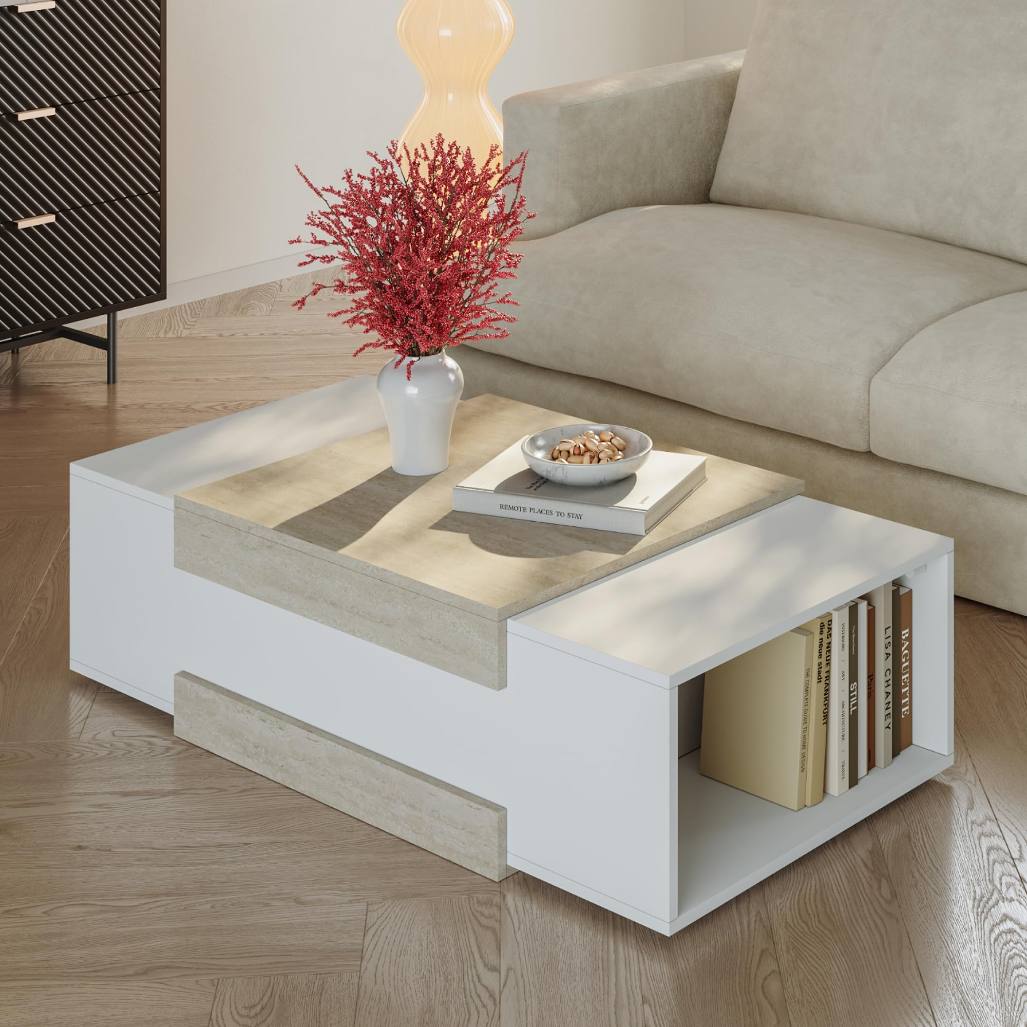 [en.casa] Couchtisch Eljak Wohnzimmertisch 110 x 57 x 31 cm Sofatisch mit 2 offenen Ablagefächern Beistelltisch rechteckig Kaffeetisch Weiß/Travertin