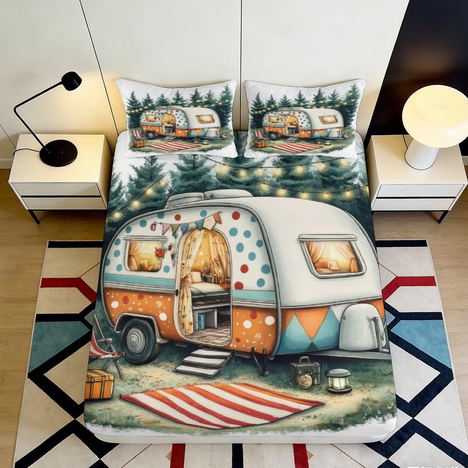 3D Printed Vintage Caravan Camping Fitted Sheet Microfiber Forest Pine Trees Bed Cover for Bedroom Guest Room Decor 90x200x25cm