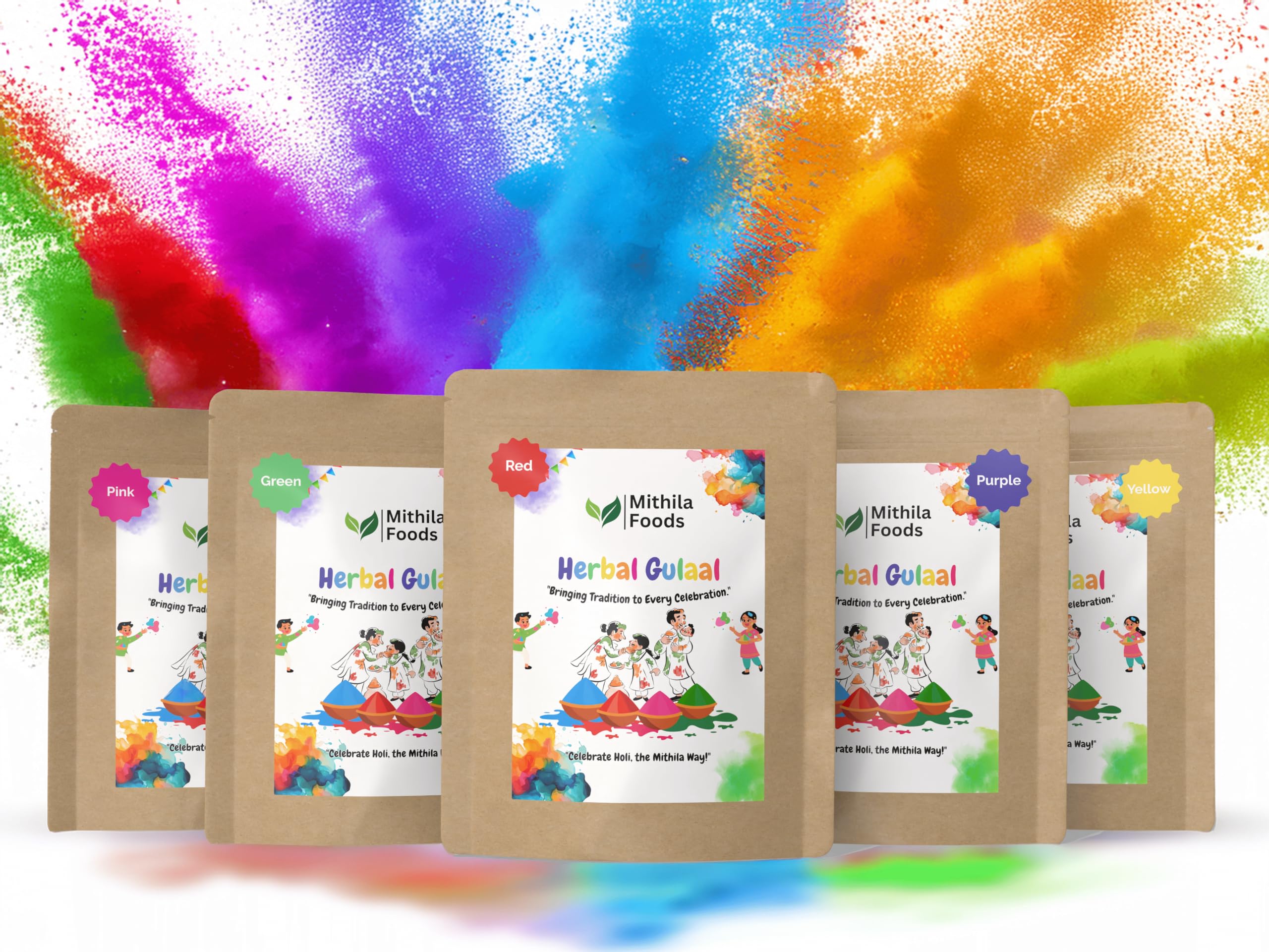 MITHILA FOODS 500g Herbal Gulal Holi Colours | 100% Natural Colours for Holi | Pack of 5 (5 x 100g) | Skin-Safe, Non-Toxic, Gentle on Skin, Easy-Wash, Safe Holi Colours (Red, Yellow, Green, Purple, Pink) 3