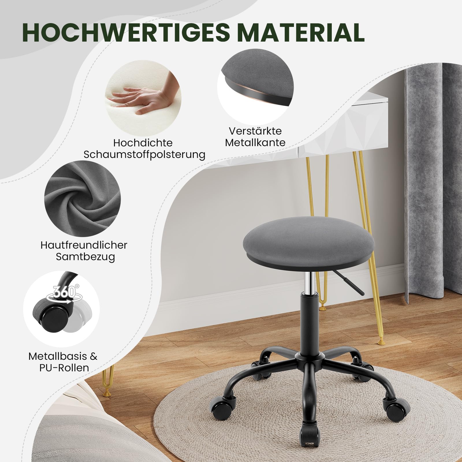 EUGAD Rollhocker höhenverstellbar, Drehhocker mit Rollen, runder Hocker 360° drehbar, Bürohocker für Arbeitszimmer, Salon, Samt, Dunkelgrau