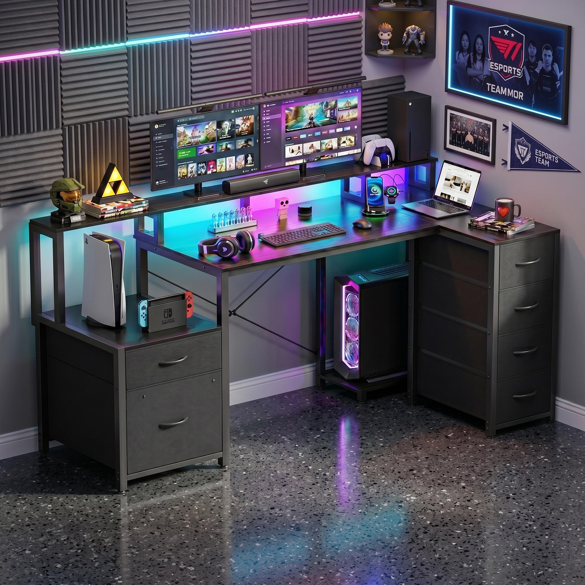 YOUDENOVA Schreibtisch L Form mit Schubladen, 150x80cm Eckschreibtisch mit LED & Steckdose & USB, Reversibel Gaming Tisch mit Monitorständer, Stauraum, Computertisch für Homeoffice & Gaming, Schwarz