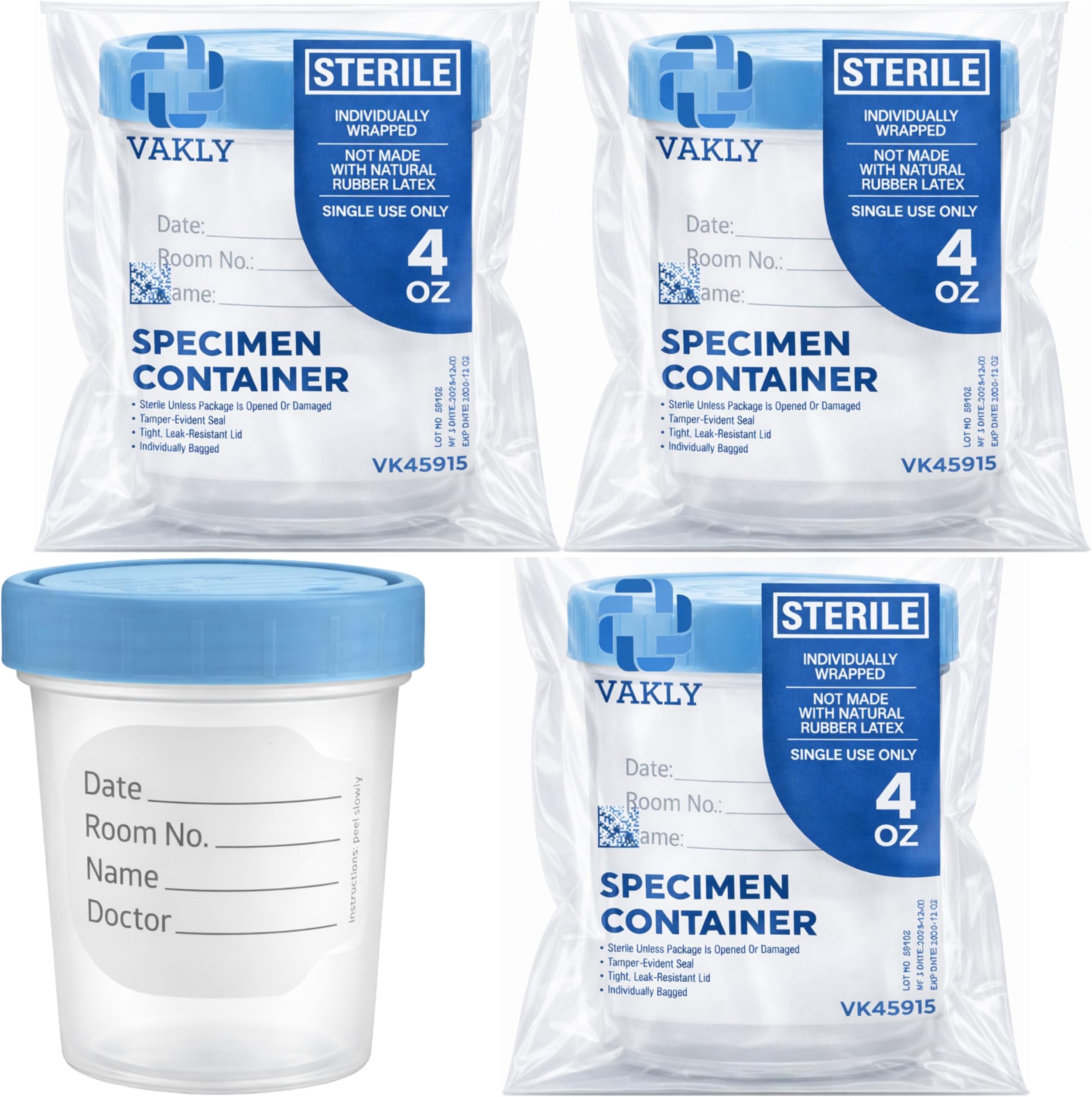Vakly Sterile Specimen Cups 4 oz [3 Count] – Urine Collection Cups, Individually Bagged with Lids, Leak-Proof Screw-On Covers for Safe Sample Testing