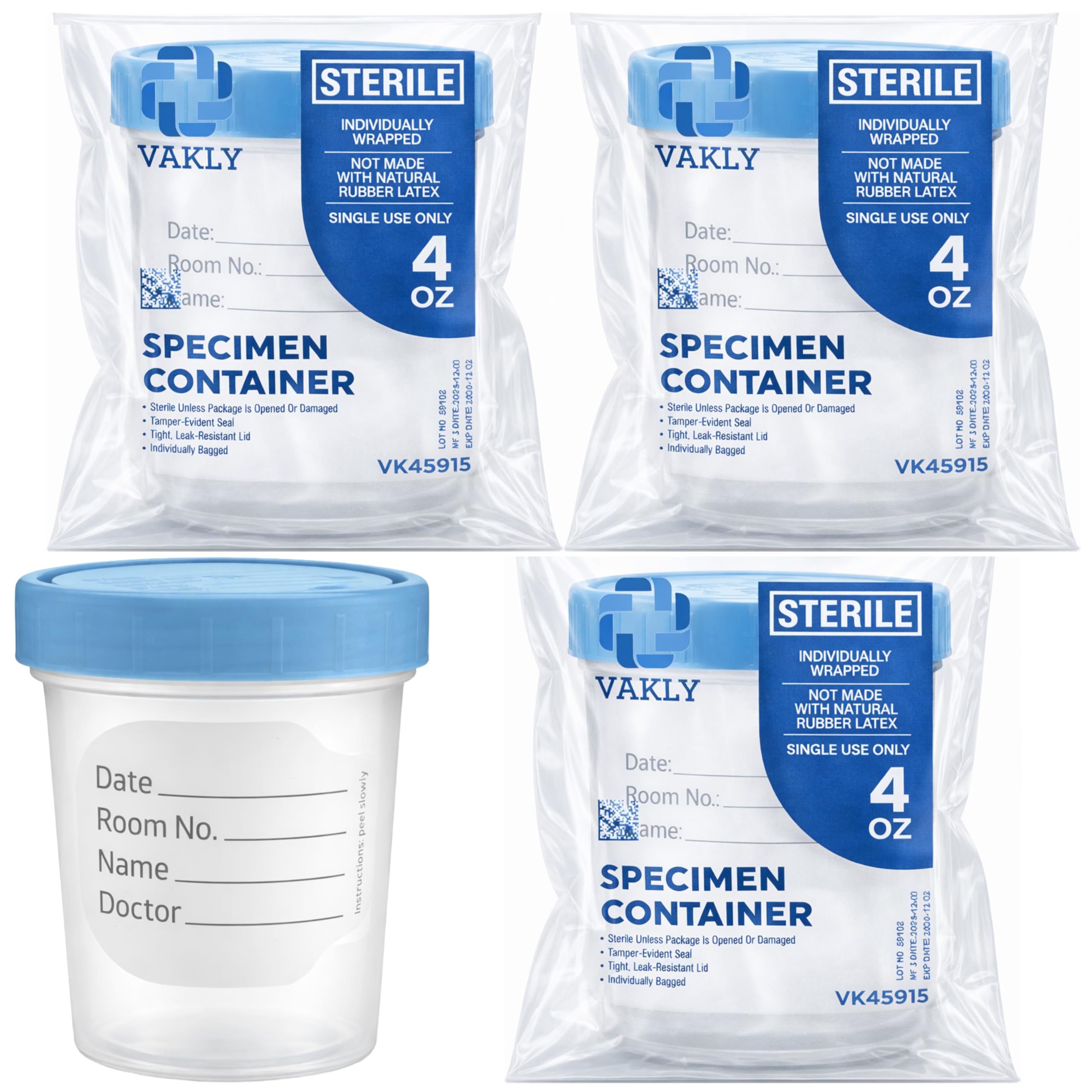 Vakly Sterile Specimen Cups Individually Bagged with Lids [3 Count] 4 oz Clear Urine Collection Cup - Leak Proof Screw On Covers - 4.5 Compacity Specimens Jars – Safe Pee, Stool, Semen Sample Testing