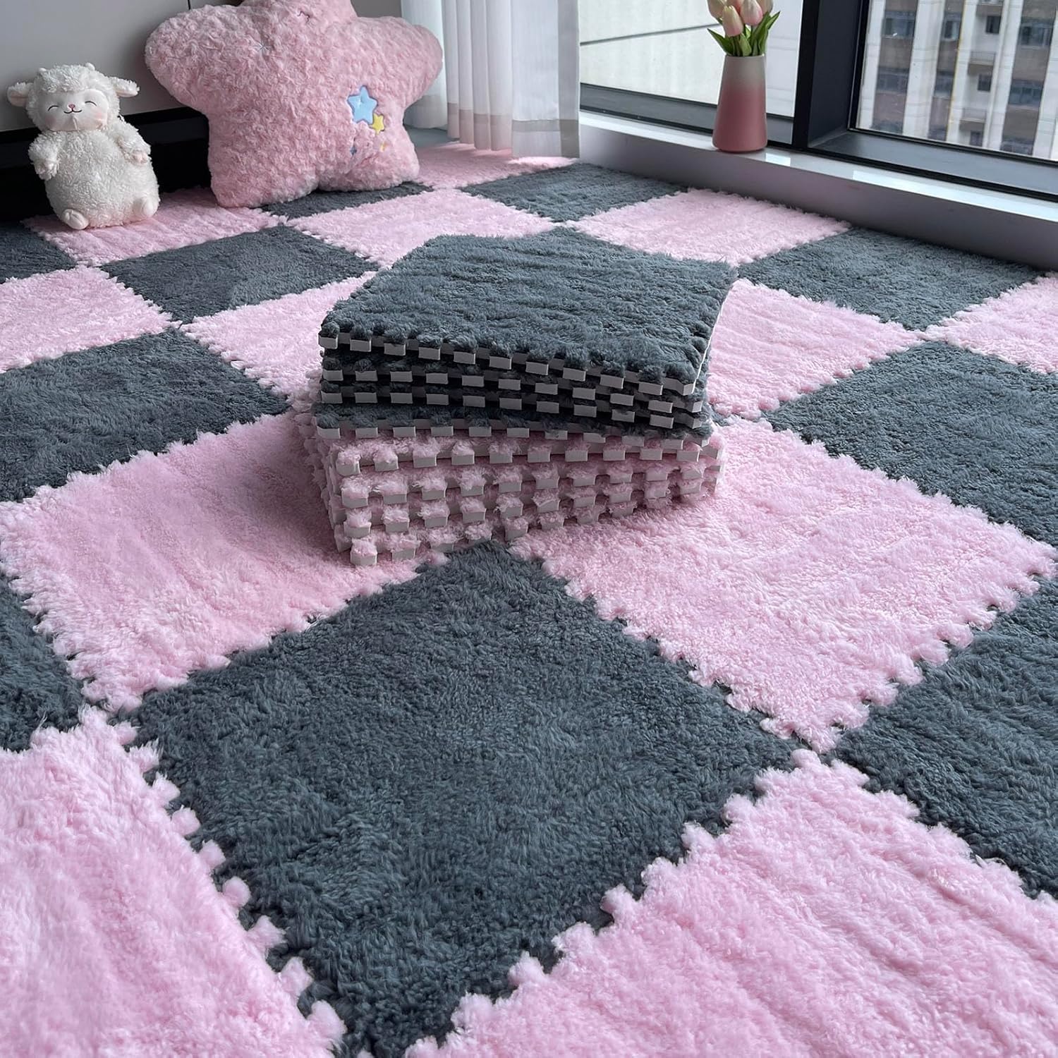 LoiYtrd Plush Foam Puzzle Mat 10pcs 30x30cm Square Interlocking Foam Tiles EVA Soft Foam Floor Mat(Pink+Gray)