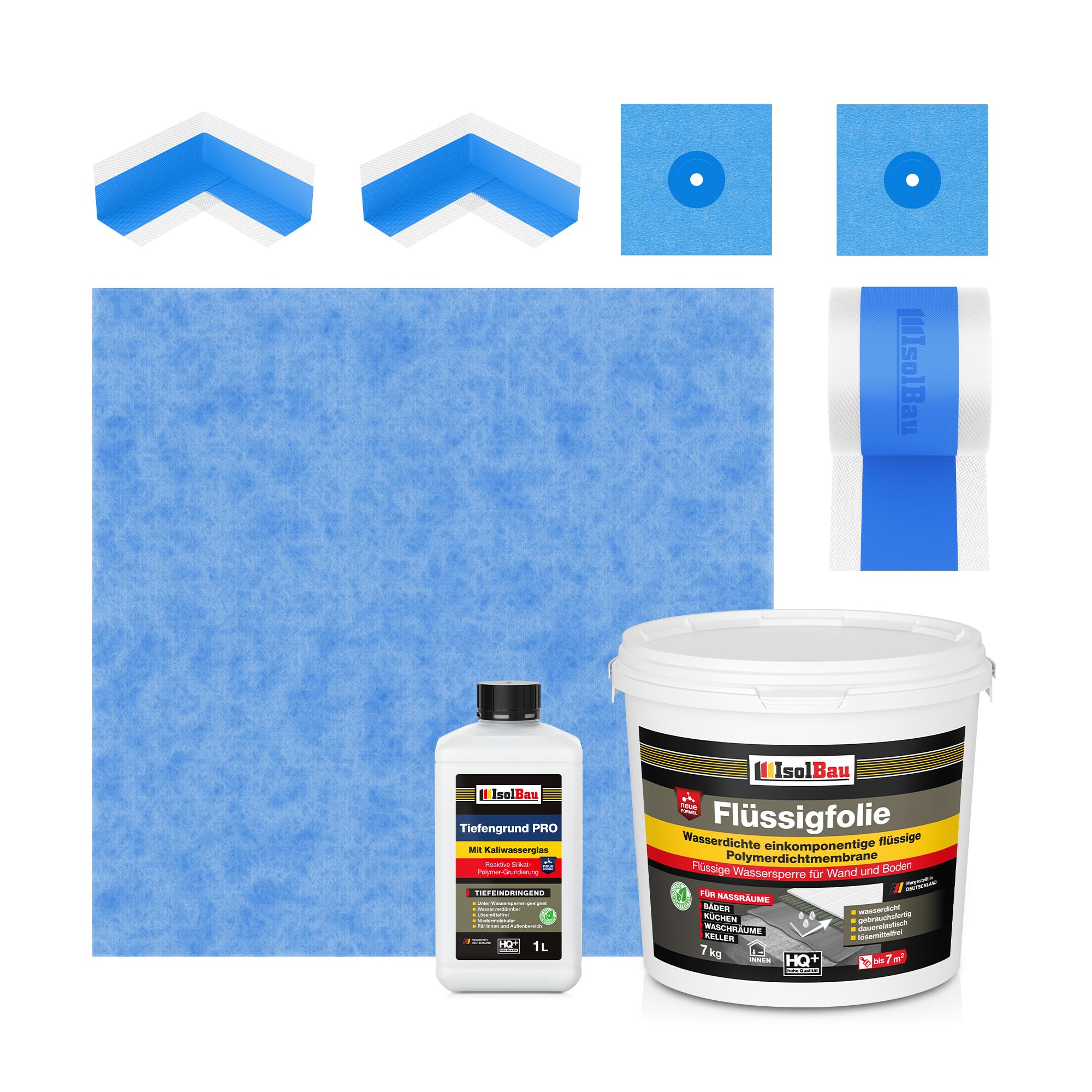 Isolbau Kit d'étanchéité avec 1 film liquide (7 kg), 1 fond de profondeur PRO (1 L), 1 bande d'étanchéité (5 m), 1 bande d'étanchéité (1 m), 2 coins intérieurs et 2 manchettes