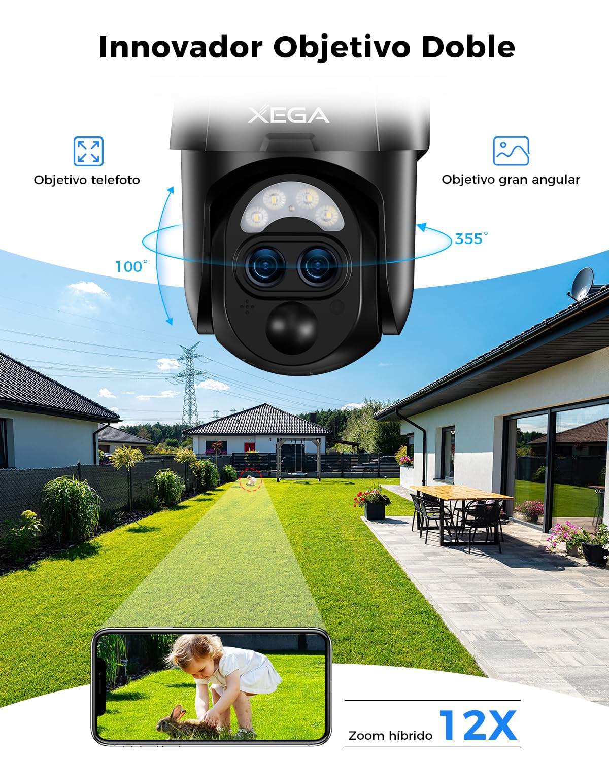 Xega Cámara Vigilancia WiFi Exterior Doble Lentes, 2K Cámara Exterior Solar con【Zoom Híbrido 12X】 AI Detección Humana, Visión Nocturna Color, Audio Bidireccional, 2,4GHz WiFi, 0,2s Alarma, IP66 | 2K Cámara Exterior Solar con AI Detección Humana, Visión No