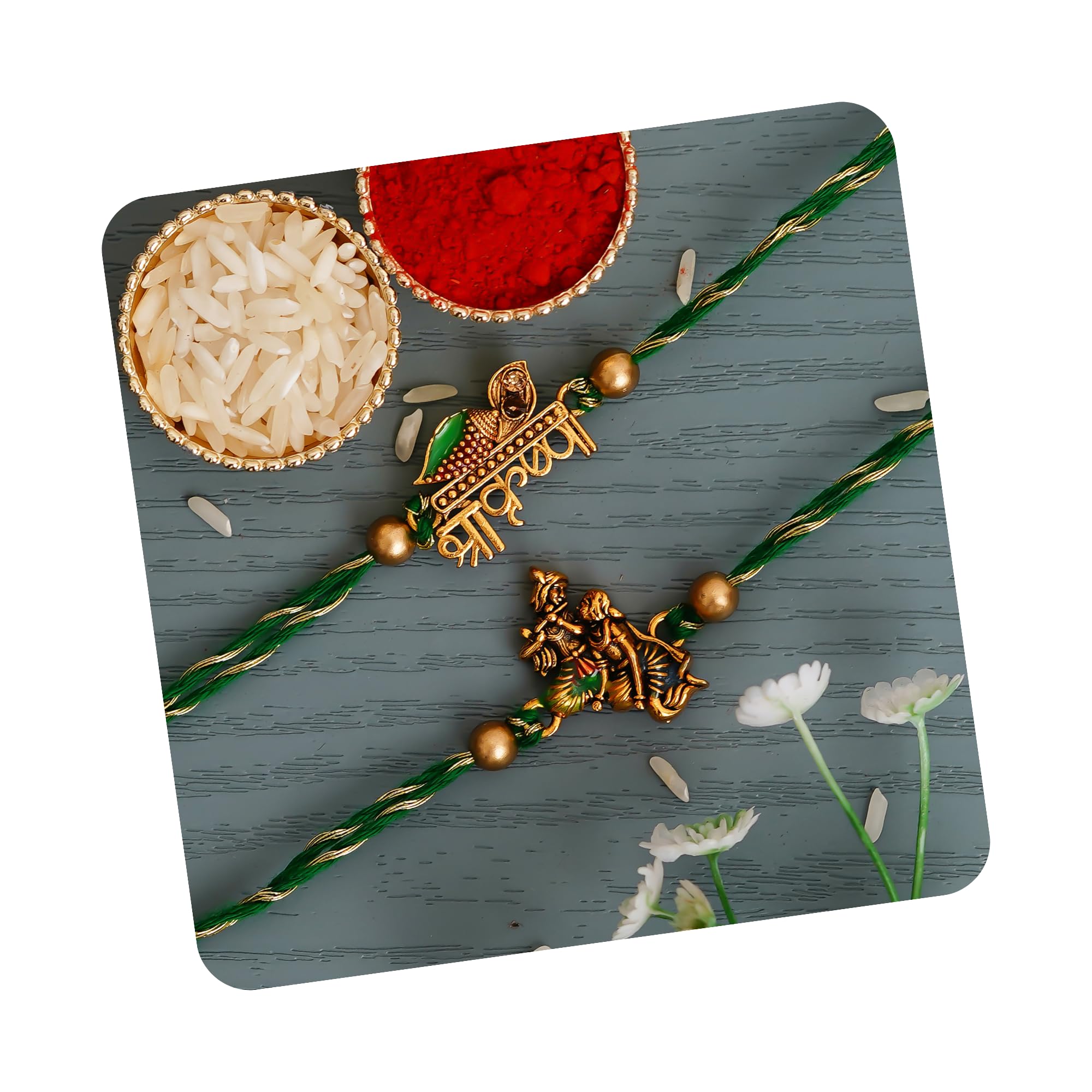 Green & Golden Set of 2 Shri Krishna and Radha Krishna Playing Flute Designer Religious Rakhis with Roli Chawal Pack - Rakhi for Brother, Bhaiya, Bhai-image-46