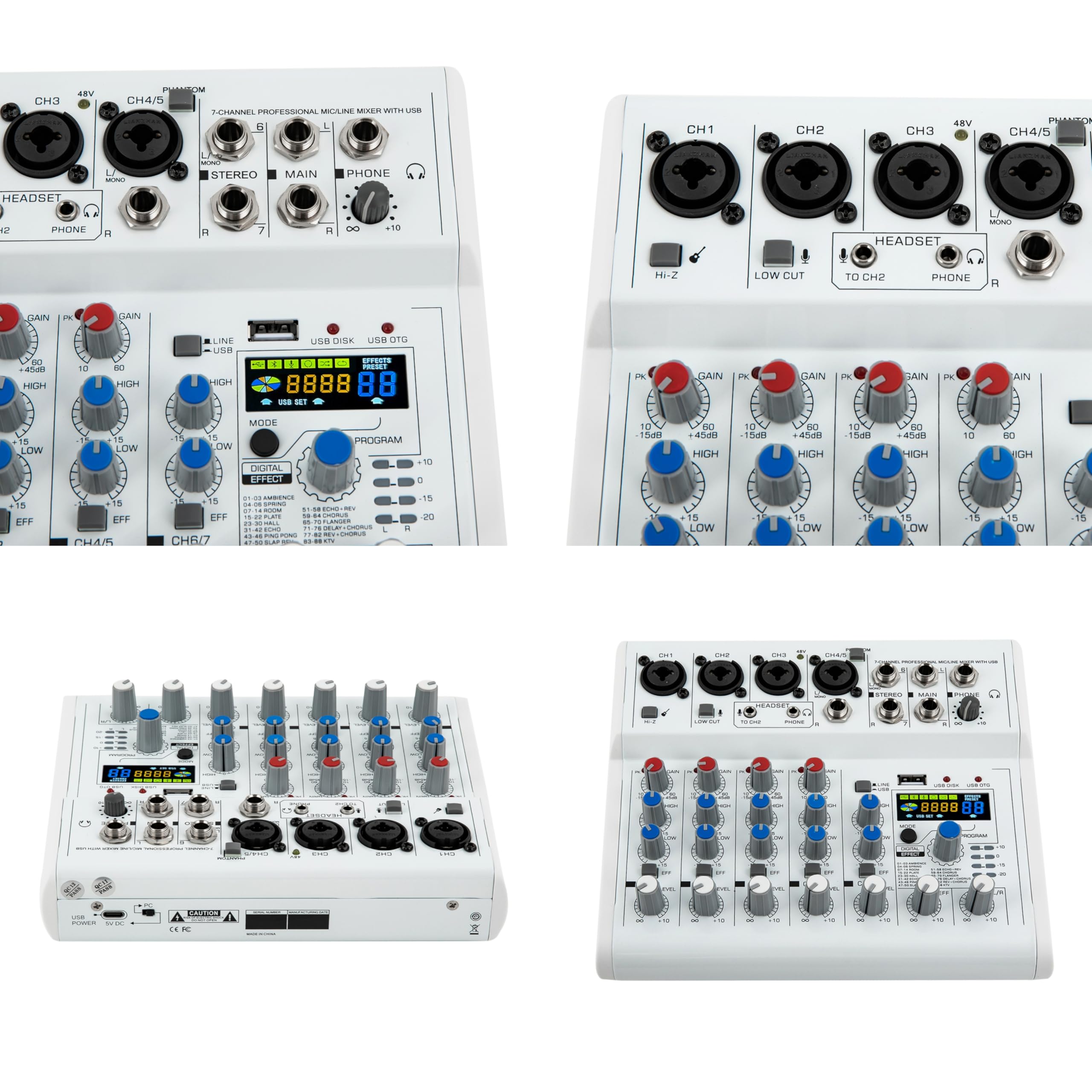 7 Kanal Stereo Live Mischpulte mit 88 digitale Effektprozessor, Professioneller Audio Sound Mixer mit Bluetooth und USB Schnittstelle, 48V Phantomspeisung DJ Stereo Sound Mischpult mit Farbdisplay