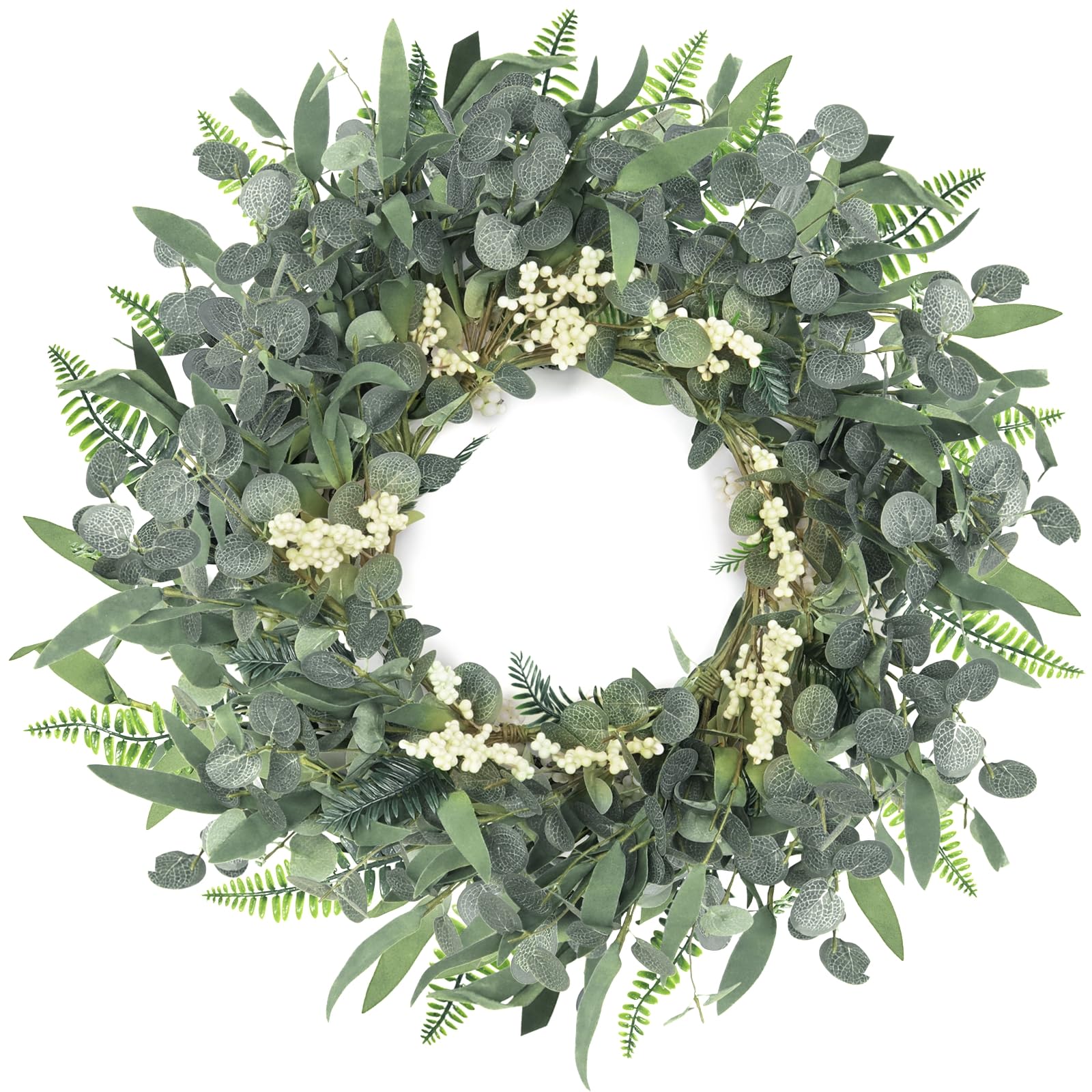 Eucalyptus Wreath, 21 Inch Artificial Wreaths for Front Door with Berries & Green Eucalyptus, Spring Summer All Season Greenery Wreath for Easter Farmhouse Window Porch Wall Home Indoor Outdoor Decor