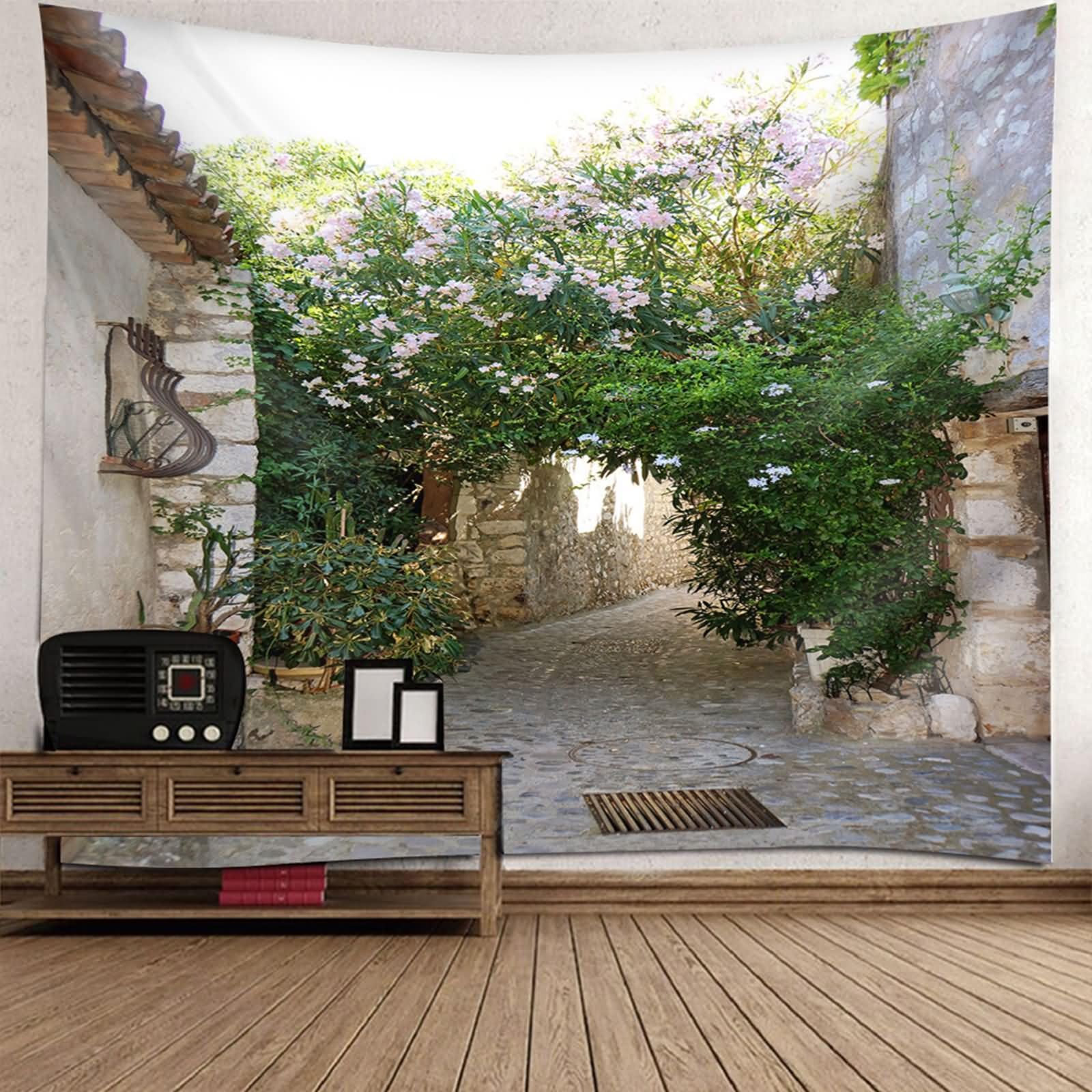 Homxi Tapiz para Sofá 200 W x 200 H CM, ​​Calles y Flores​​, Poliéster Tapices para Sofa, Marrón Verde Rosa