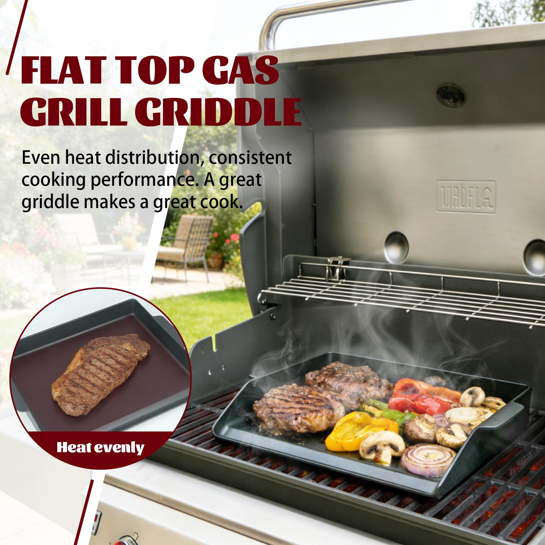 Piastra in ghisa smaltata aggiornata, 43,2 x 33 cm, pareti laterali alte 6,5 cm, top piatto antiaderente portatile con doppie maniglie, universale per barbecue a gas e fornello da campeggio