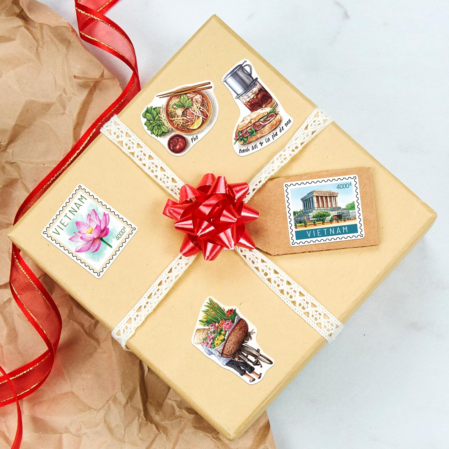 Navy Peony Vibrant Vietnam Travel Stickers (29pcs) - Watercolor, Vietnamese-Themed Vacation Decals for Journals, Scrapbooks, Luggage, Tumbler - Image 7