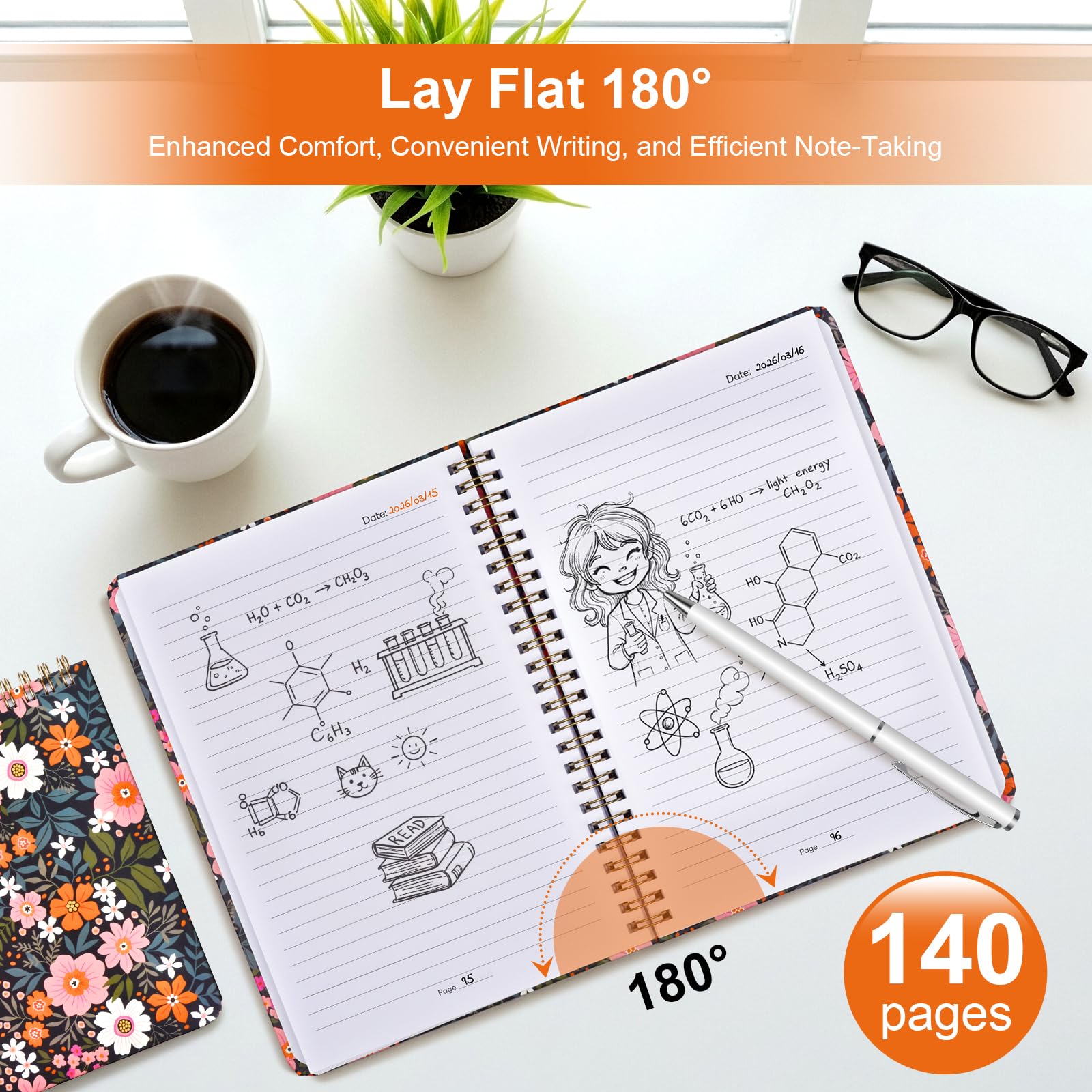 Taccuino a spirale da donna, quaderno a spirale con motivo floreale a righe, copertina rigida, 140 pagine, quaderni per lavoro e diario, prendere appunti, A5 100 g/m² e tasca fronte-retro