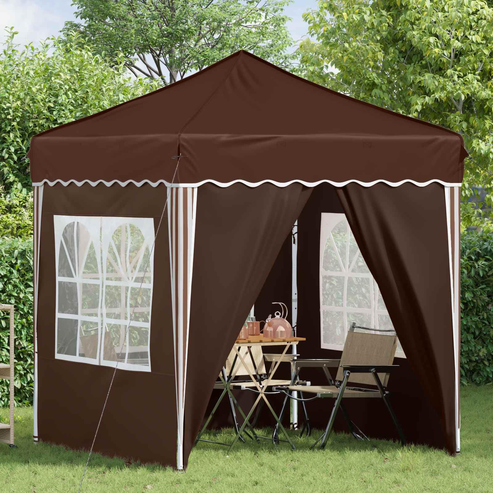 Pop up namiot imprezowy 195 x 195 x 245 cm, brązowy, materiał Oxford, namiot ogrodowy, namiot składany, namiot na imprezy z 4 ścianami bocznymi i ochroną przed promieniowaniem UV, do ogrodu