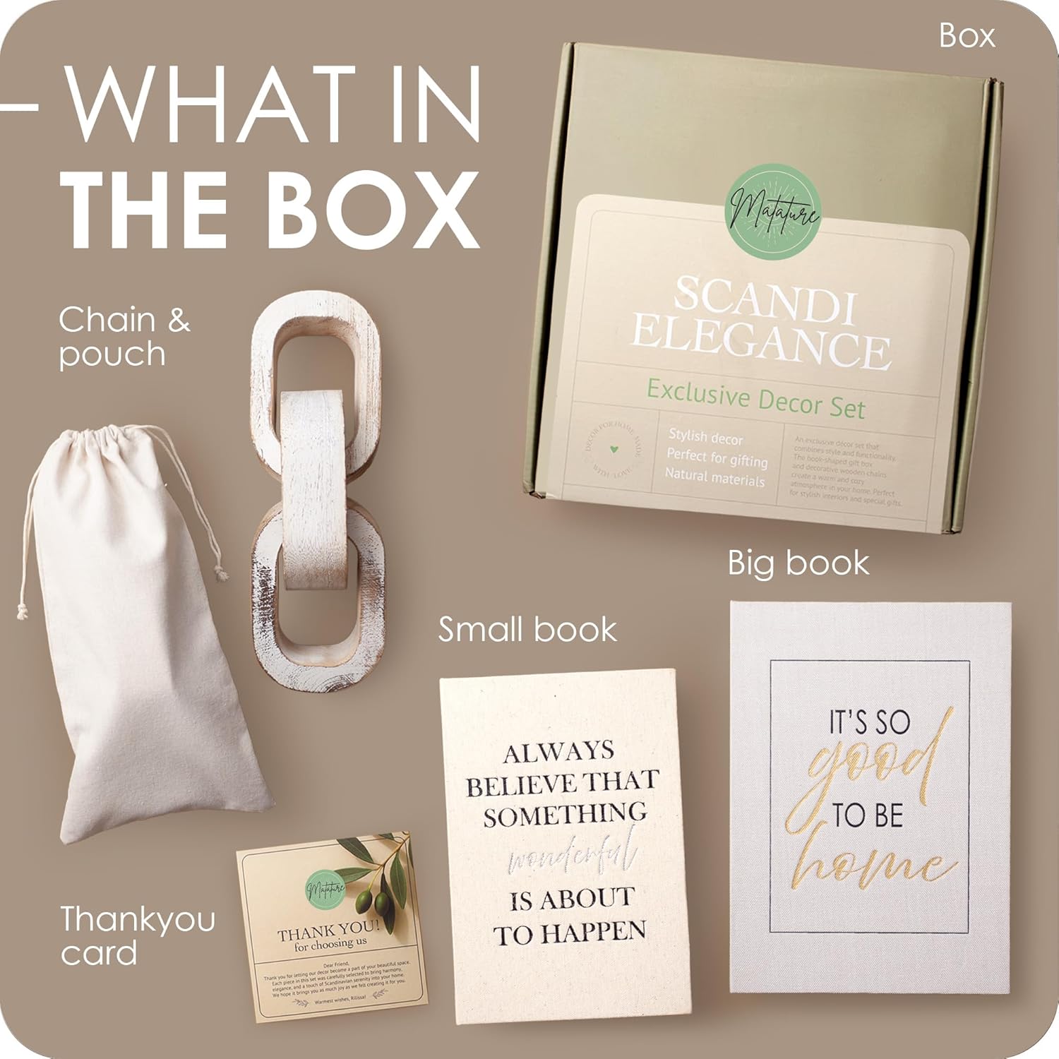 Modern Decorative Books Set of 2 Premium Linen Hardcover Faux Book Box with Reliable Magnetic Closure & Paulownia Wooden Chain