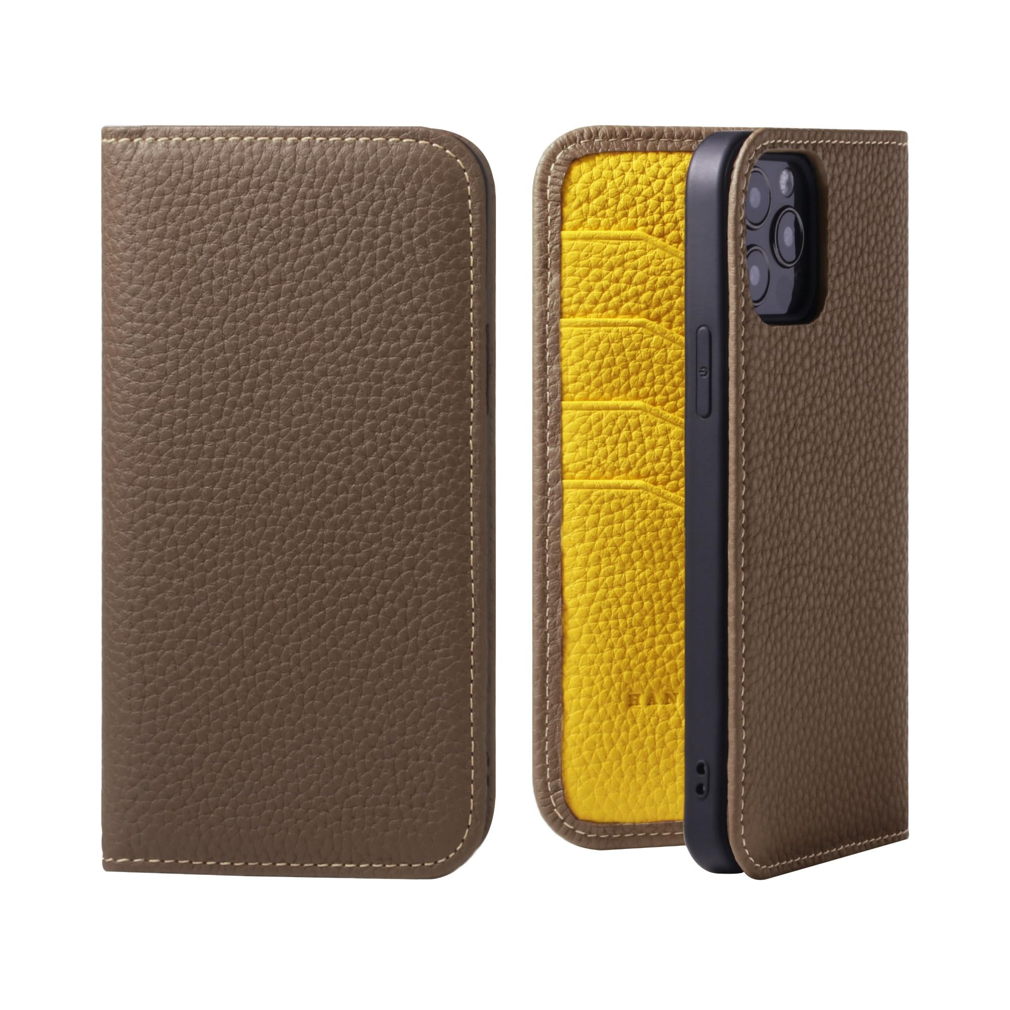 HANATORA for iPhone 12ProMax ケース 手帳型 本革 スマホケース スマホ スタンド コードホルダー 付き シュリンクカーフレザー マグネットなし トープ + イエロー PH-12ProMax-Taupe-YL ギフト 誕生日 女性 男性 彼女 お母さん お父さん 人気商品 30代 40代 50代 60代 70代 - 1