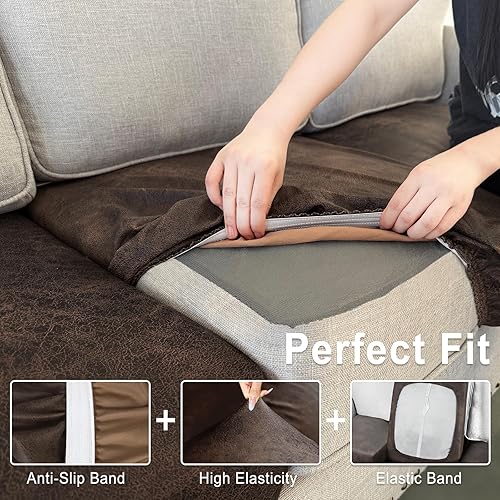 Miniatura 4 de ANARACHON Fundas de cojín de sofá con aspecto de cuero, juego de fundas de asiento de sofá, protector de muebles para sillón seccional, sofá biplaza