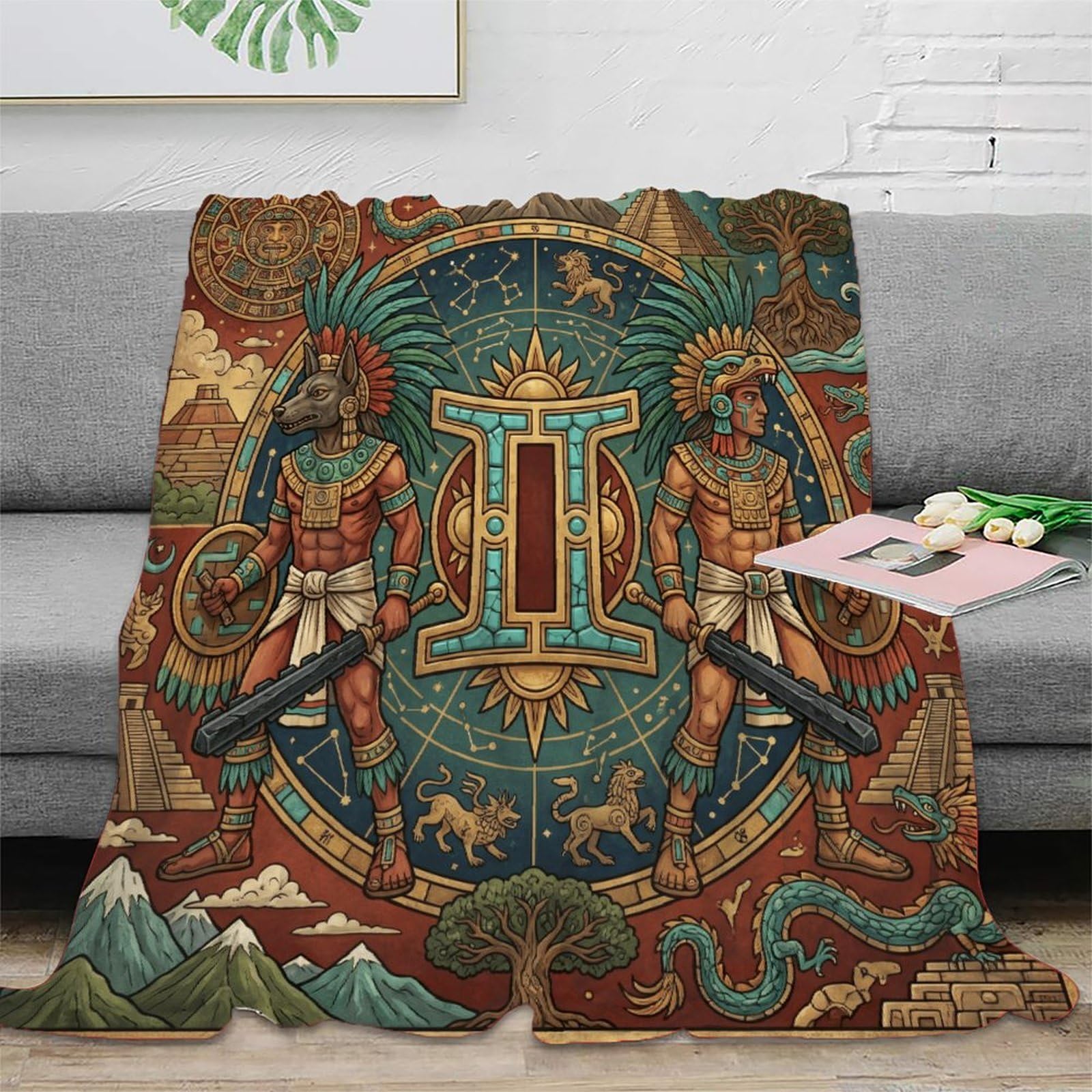 H3B8U2Y5 Gemini Zodiac Aztec Art for Flannel Throw Blanket, Bedroom Nap Use