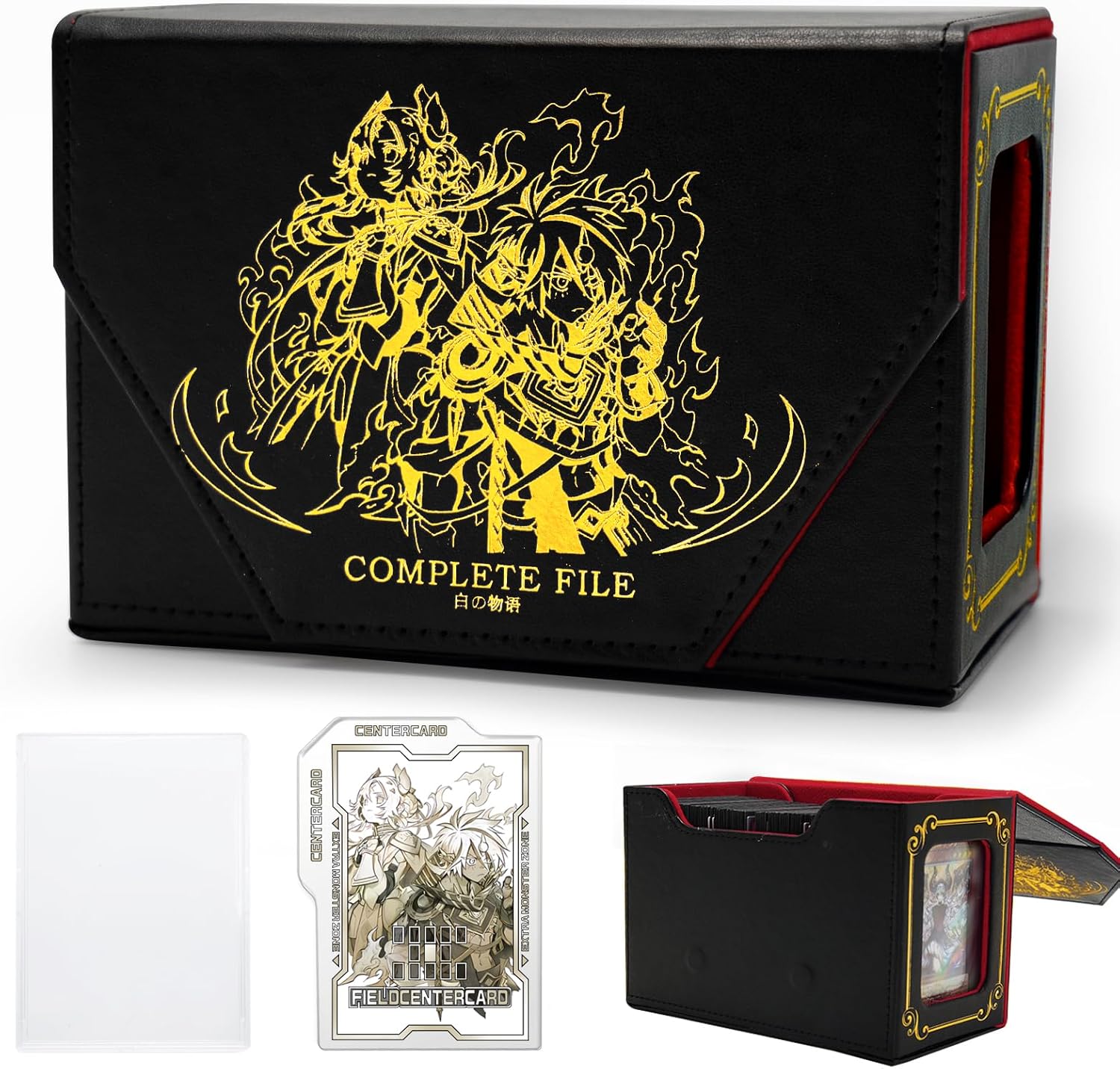STORY OF WHITE Laser Card Deck Box for YGO MTG Organizer Holds 220+ Double Sleeved Card Storage Trading Games Leather Display Windows with magnetic cardholder (Black gold)