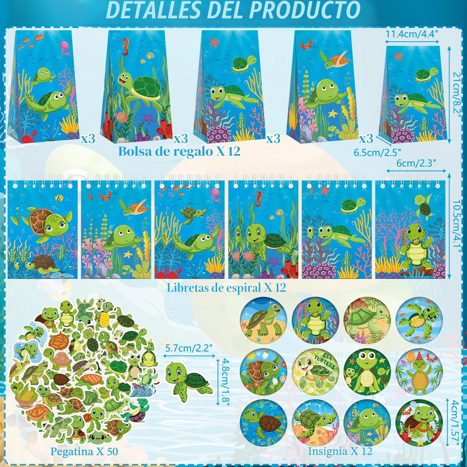 Turtle Party Favour Supplies incluye bolsas de regalo de tortuga, pegatinas, insignias, pulseras para fiesta de cumpleaños temática de tortuga