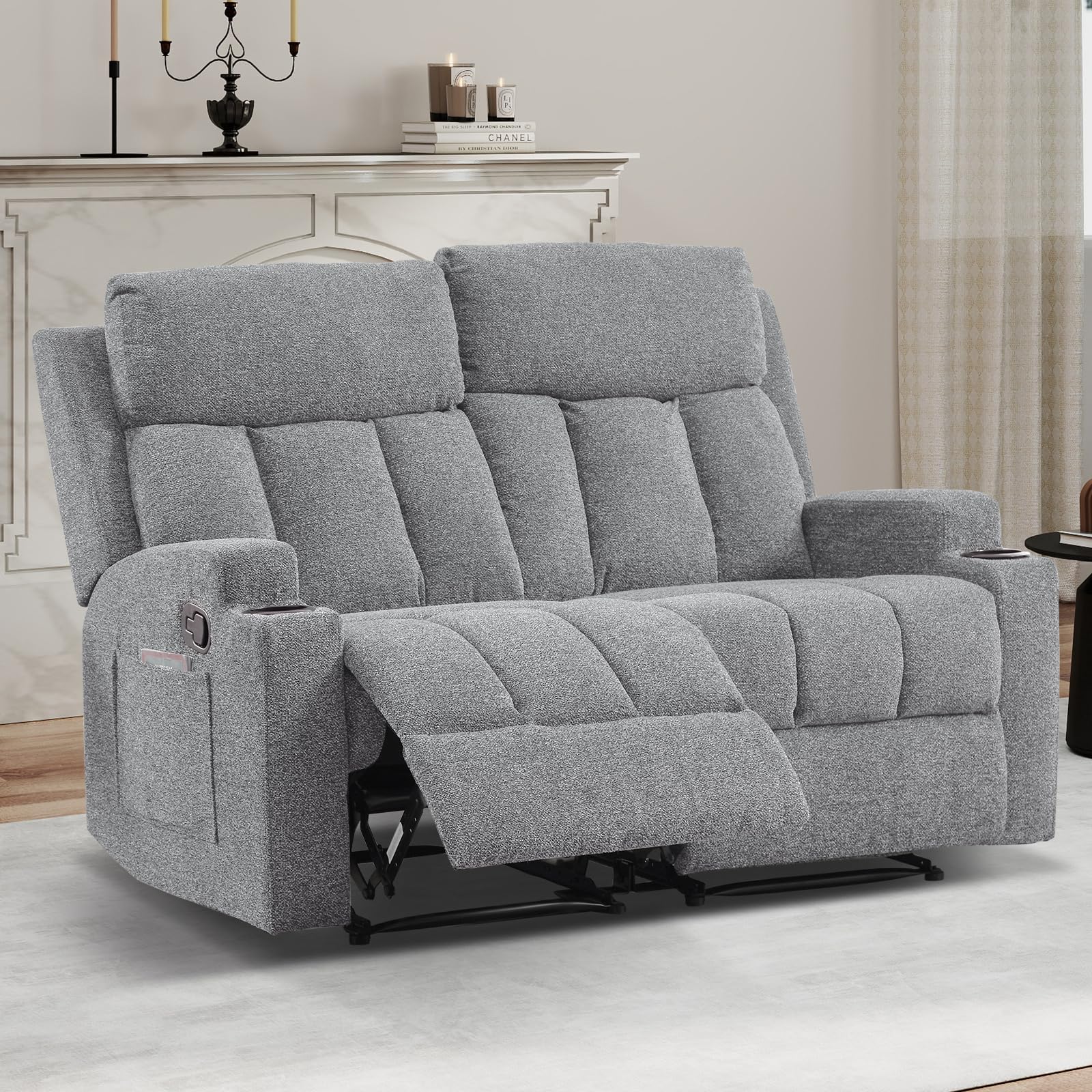 CANMOV Manual Recliner Sofa Set, Soft Fabric Reclining Loveseat with Side Pockets and Cup Holders, 2 Seat Reclining Couch for Living Room, Office, Light Grey view 8