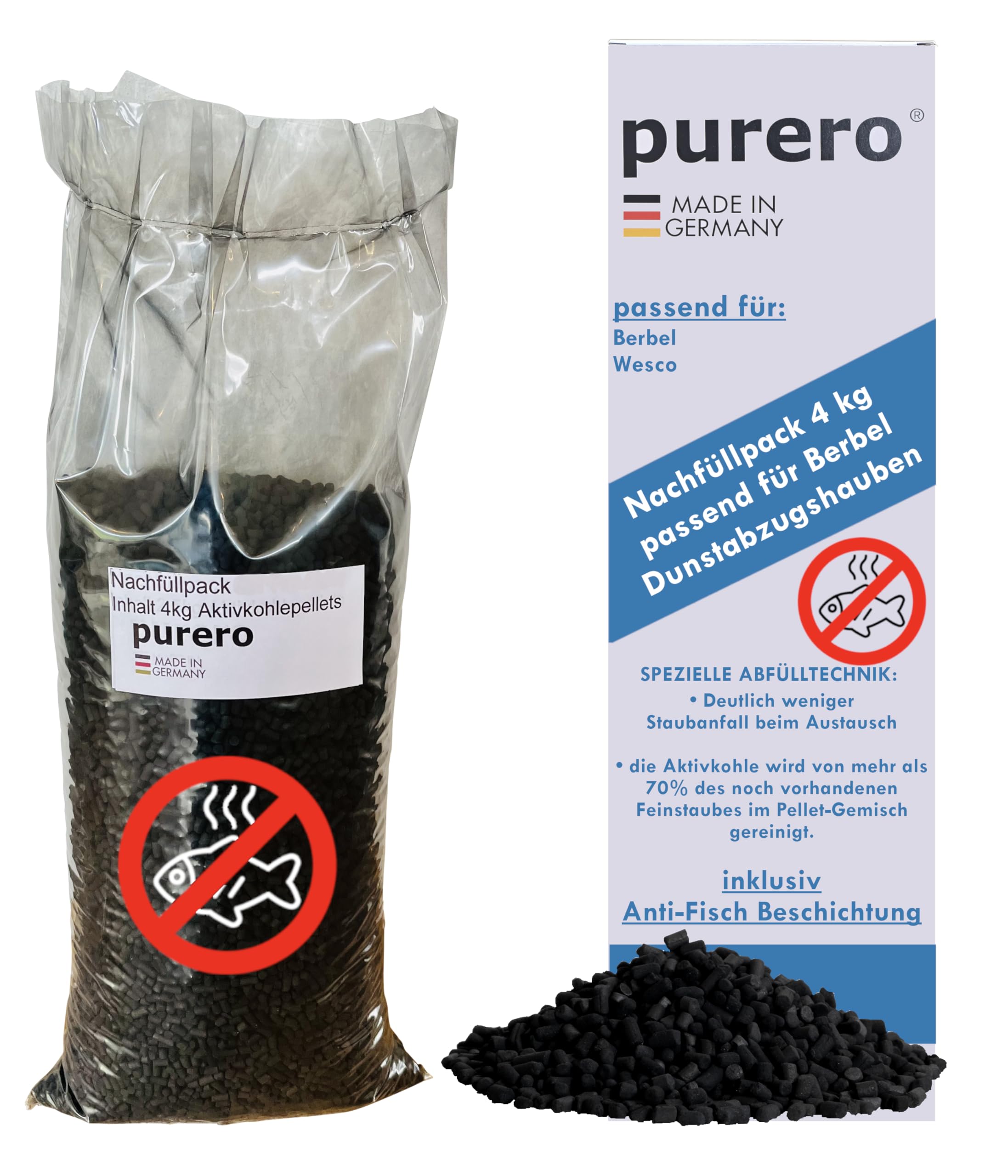 Recambio de carbón activo de 4 kg – apto para campanas extractoras Berbel – con revestimiento antipeces – Pellets de carbón activo – Fabricado en Alemania