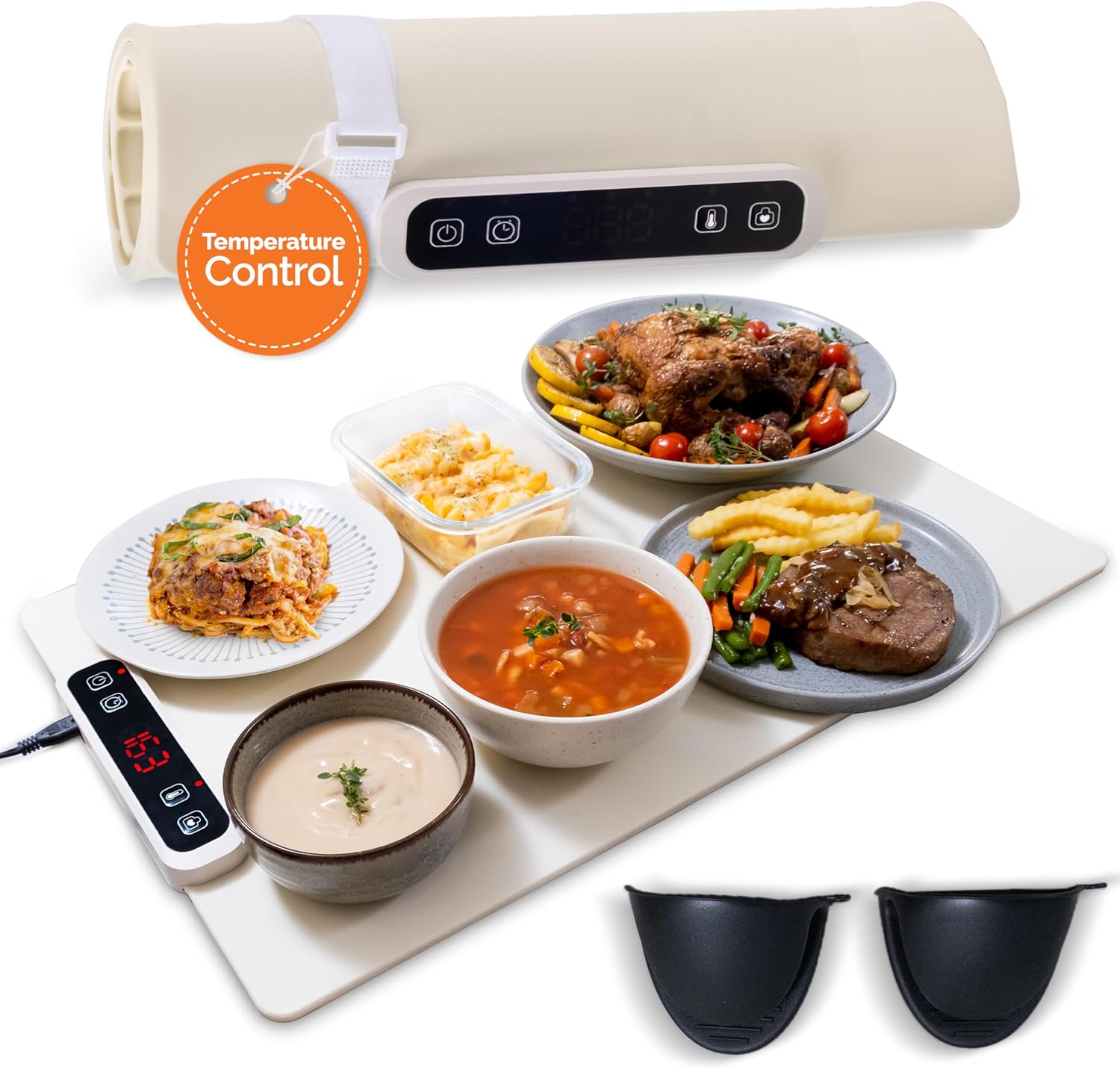 Electric Warming Mat for Food – Full-Surface Food Warming Mat, Adjustable Temperature, Black Mitten Holders, Easy to Clean, Kitchen Countertop Secure