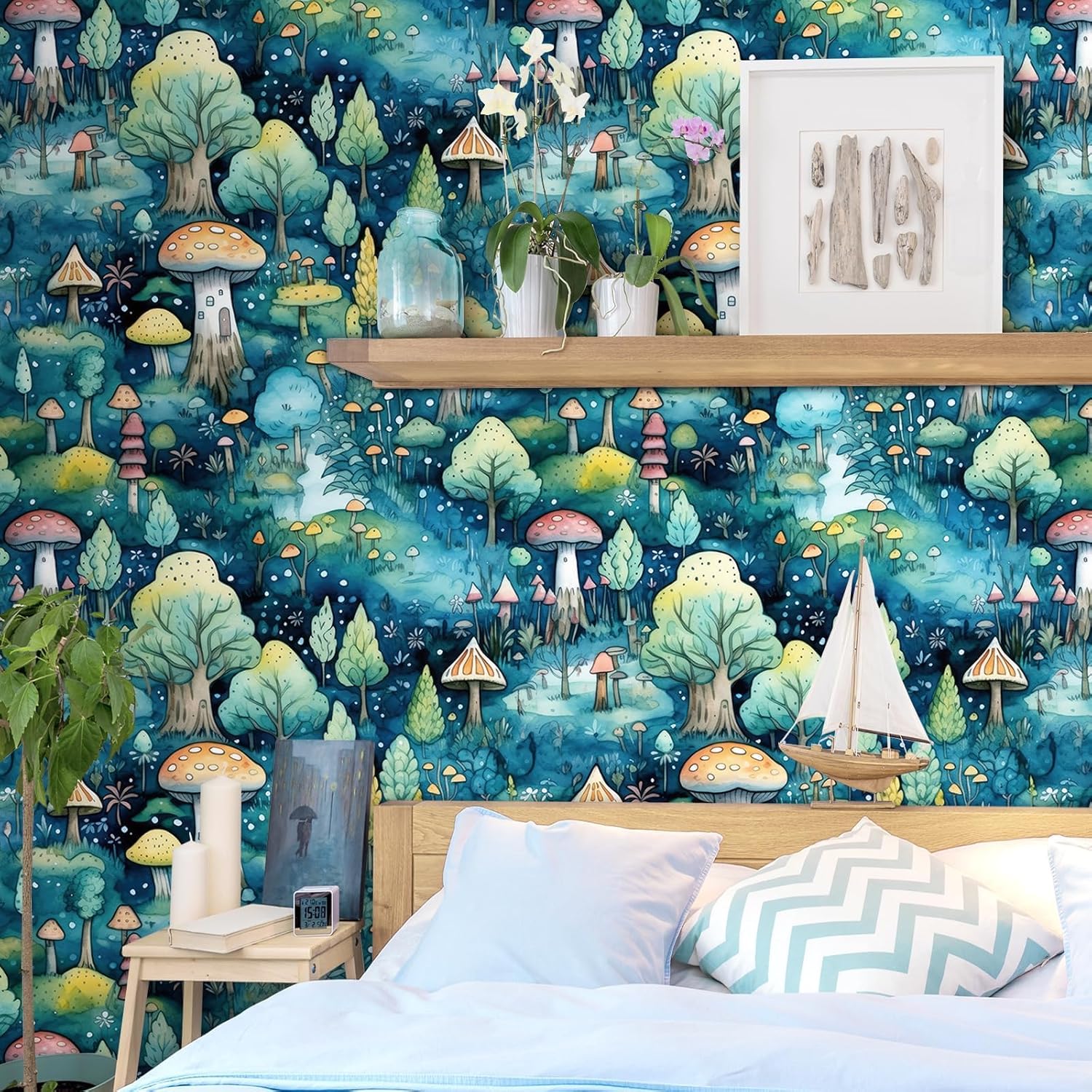 17.5"x475" Nursery Peel and Stick Wallpaper Mushroom Whimsical Wallpaper Fairy Forest Contact Paper Prepasted Removable Boho Green Botanical Wall Murals Mushroom Contact Paper for Laundry Room